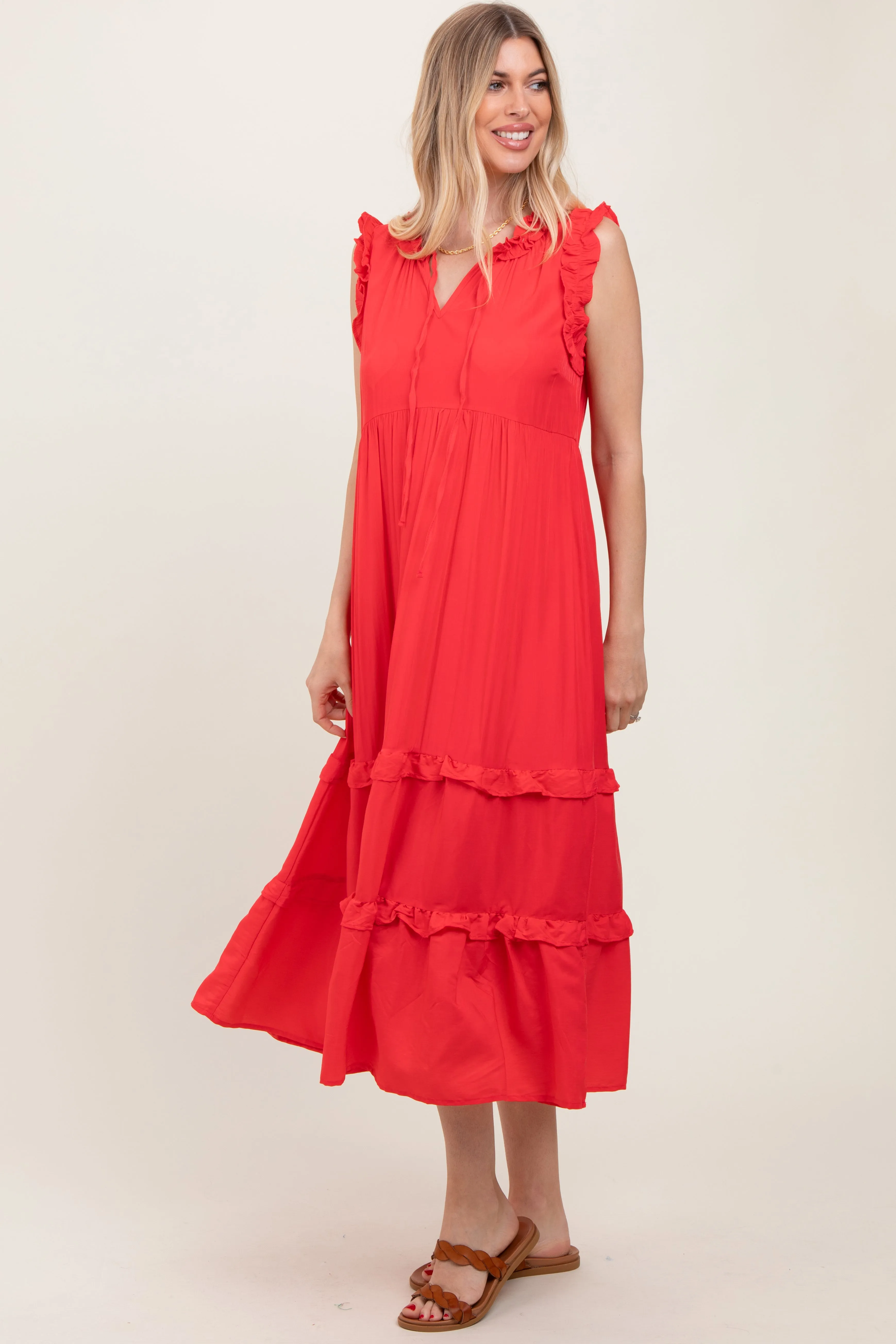 Red Ruffle Accent Tiered Front Tie Midi Dress sold by Pinkblush product image thumbnail 3