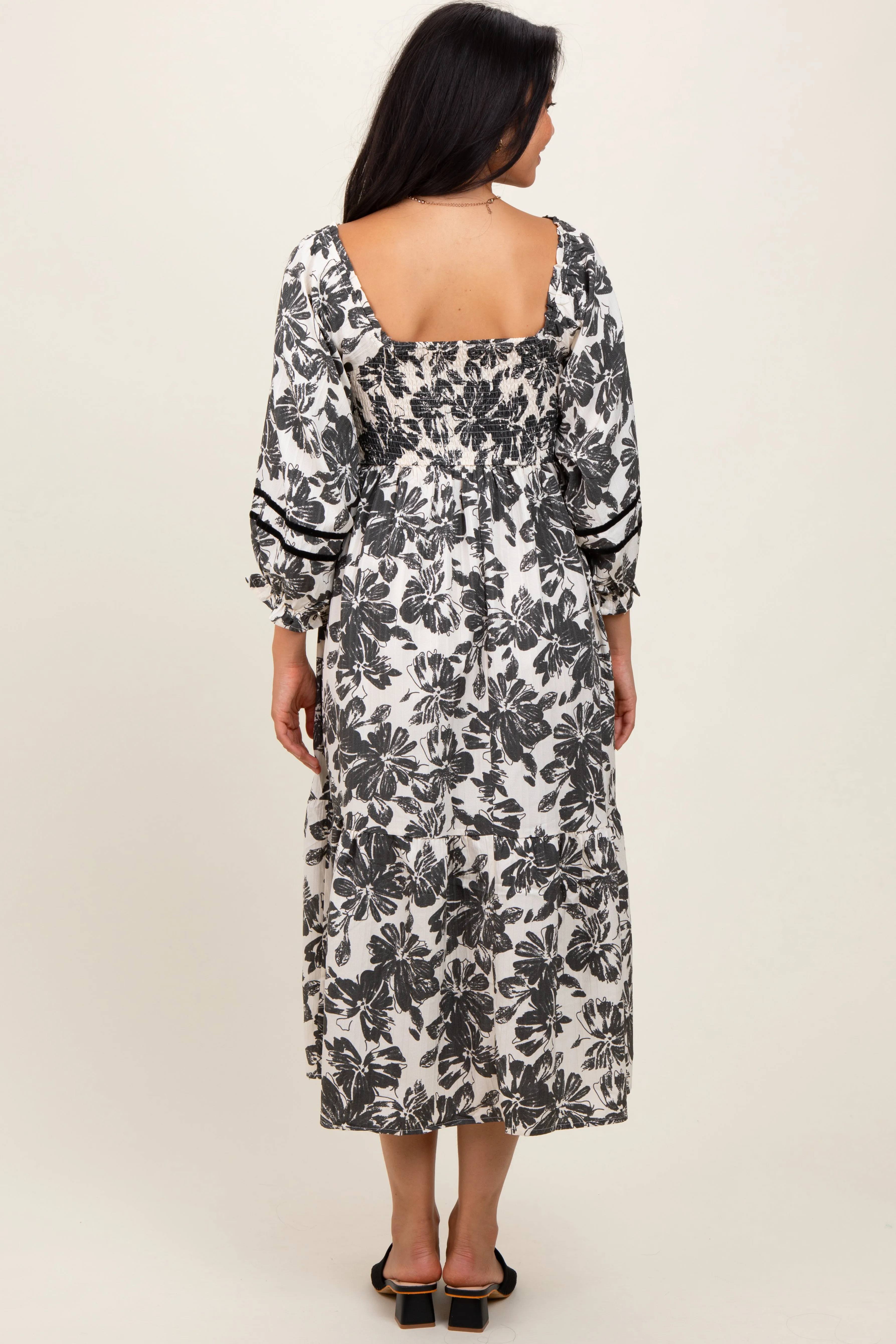 Cream Floral Smocked 3/4 Sleeve Tiered Midi Dress sold by Pinkblush product image thumbnail 2