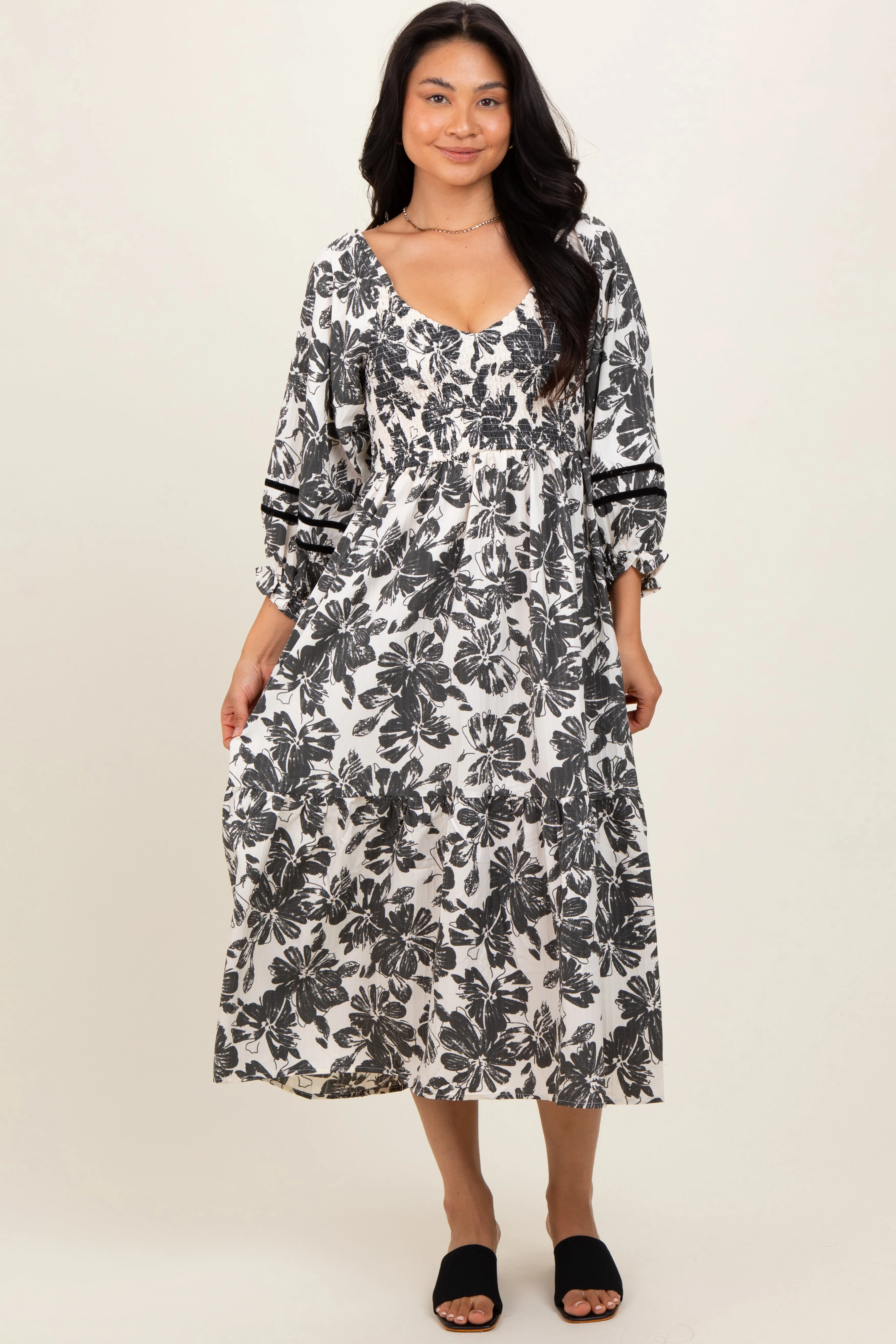 Cream Floral Smocked 3/4 Sleeve Tiered Midi Dress sold by Pinkblush