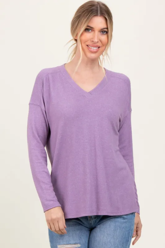 Lavender Basic V-Neck Long Sleeve Brushed Knit Top sold by Pinkblush