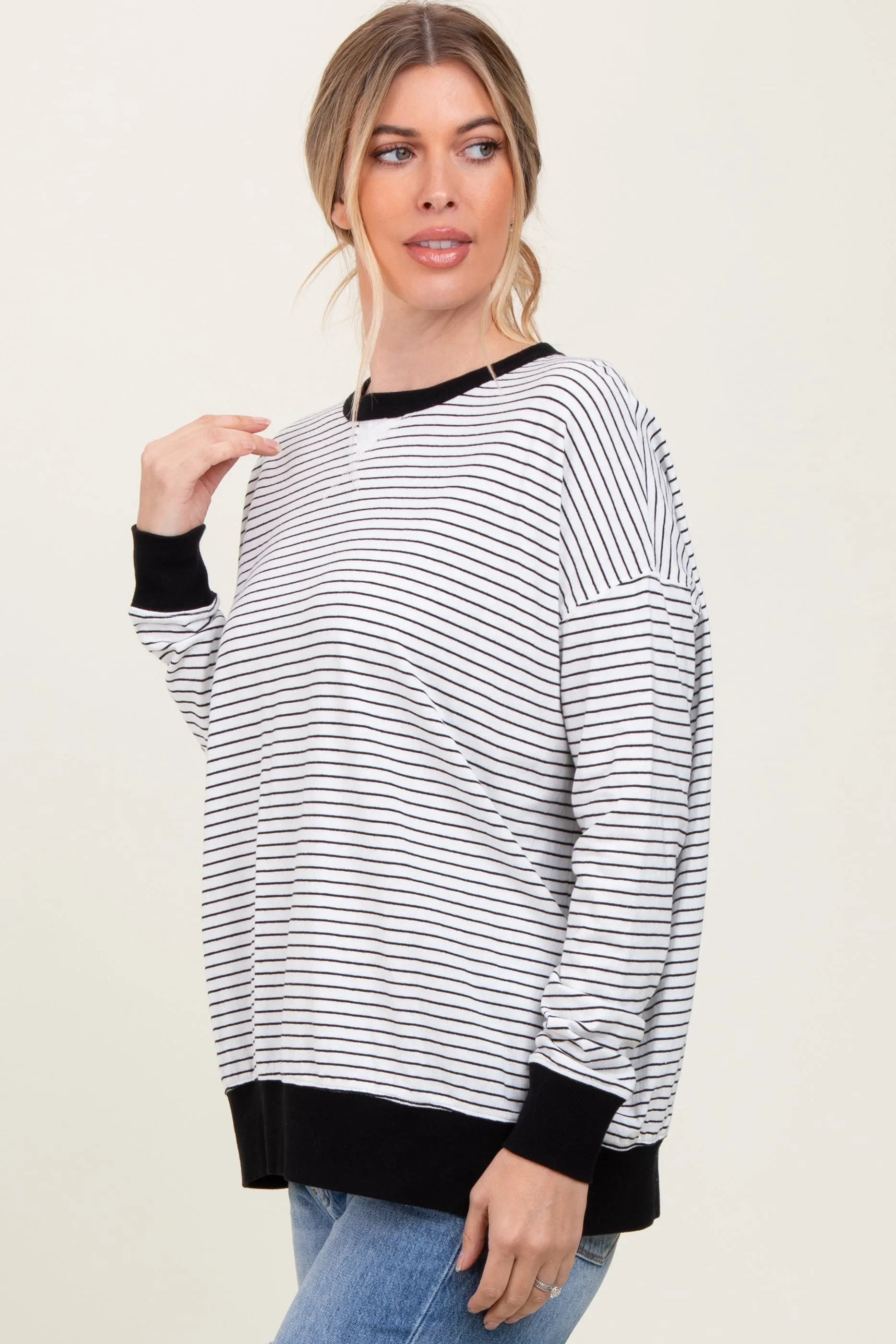 White Striped Oversized Crewneck Pullover sold by Pinkblush product image thumbnail 3