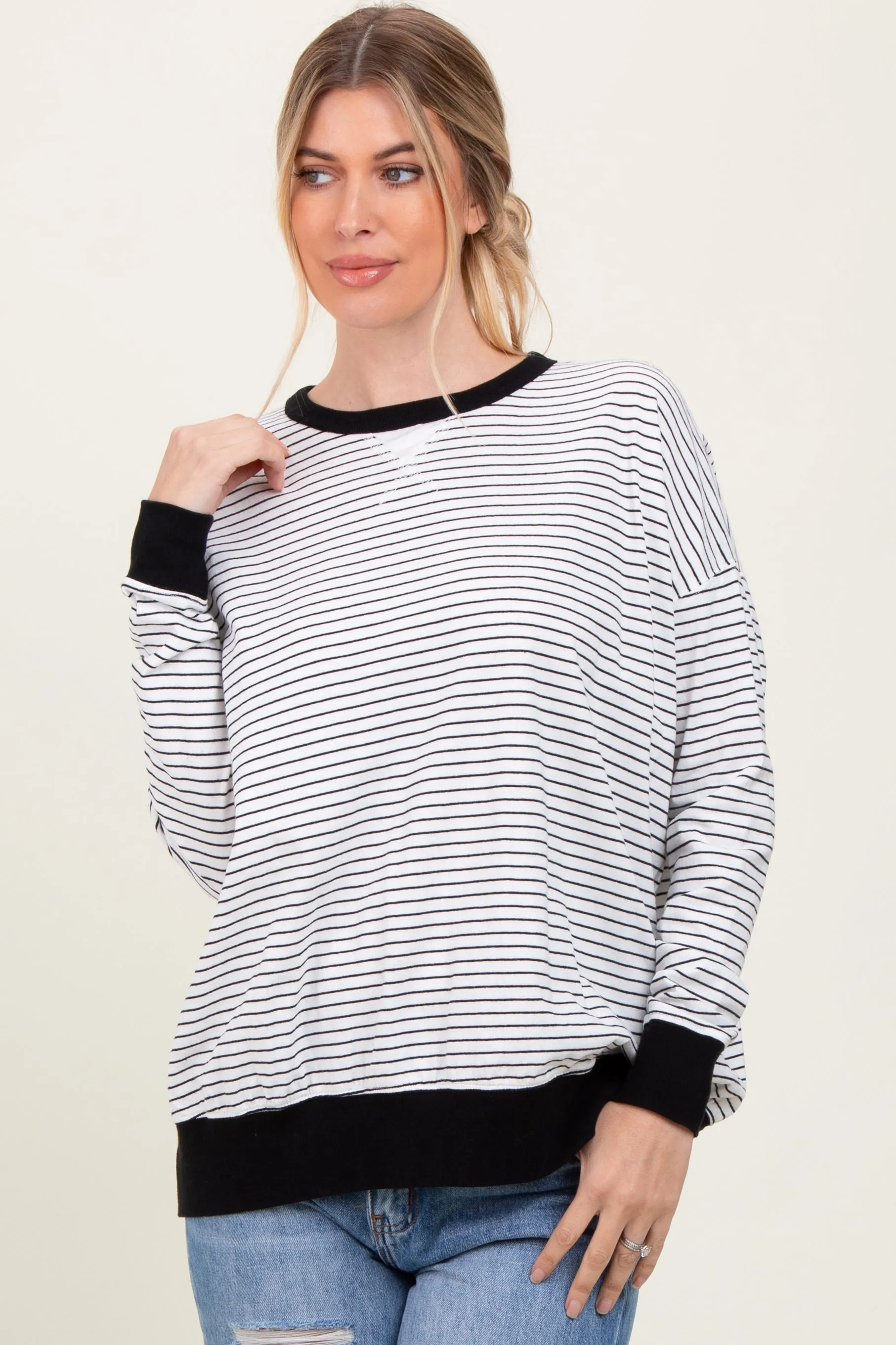 White Striped Oversized Crewneck Pullover sold by Pinkblush