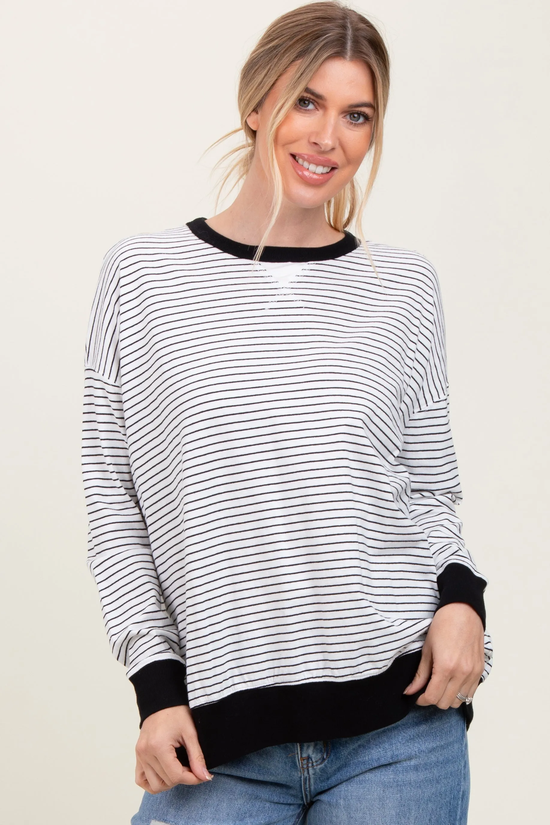White Striped Oversized Crewneck Pullover sold by Pinkblush product image thumbnail 2