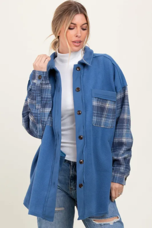 Blue Plaid Contrast Fleece Shacket sold by Pinkblush