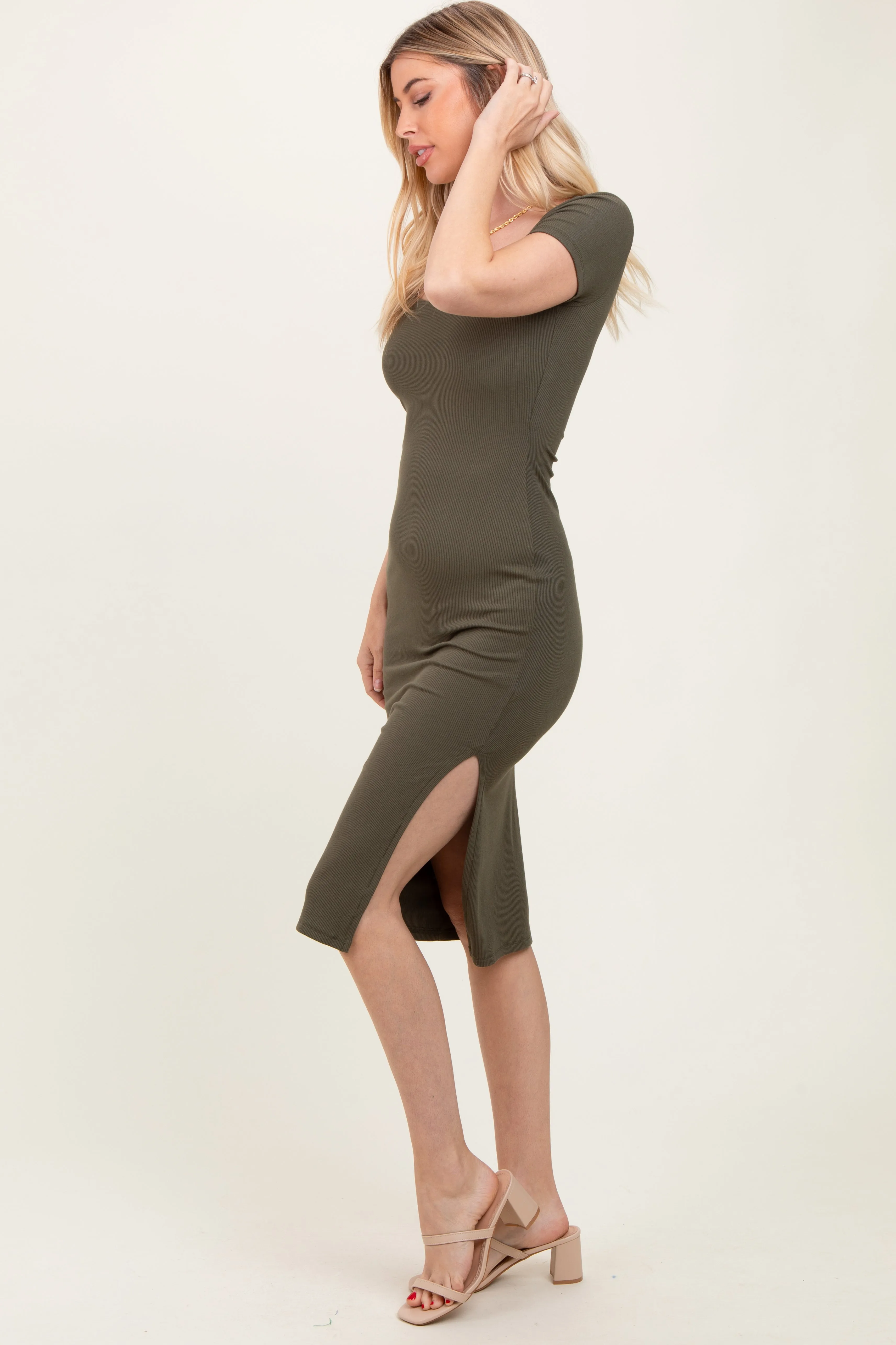 Olive Ribbed Short Sleeve Side Slit Midi Dress sold by Pinkblush product image thumbnail 2