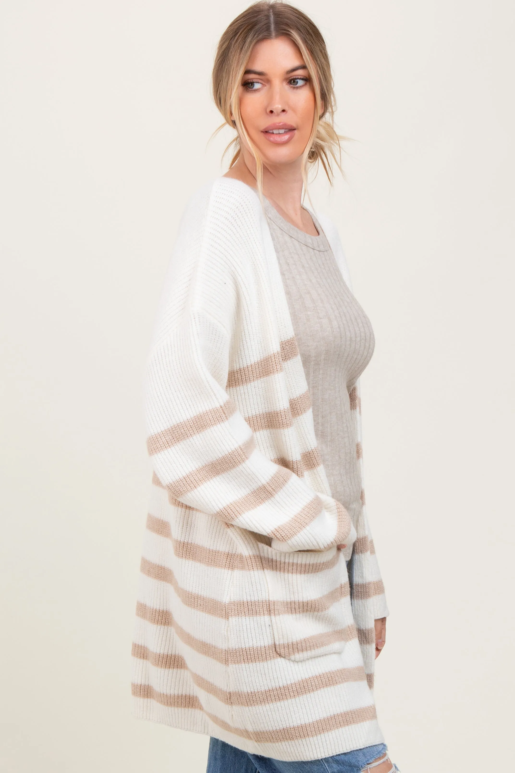 Ivory Beige Knit Striped Long Cardigan sold by Pinkblush product image thumbnail 3