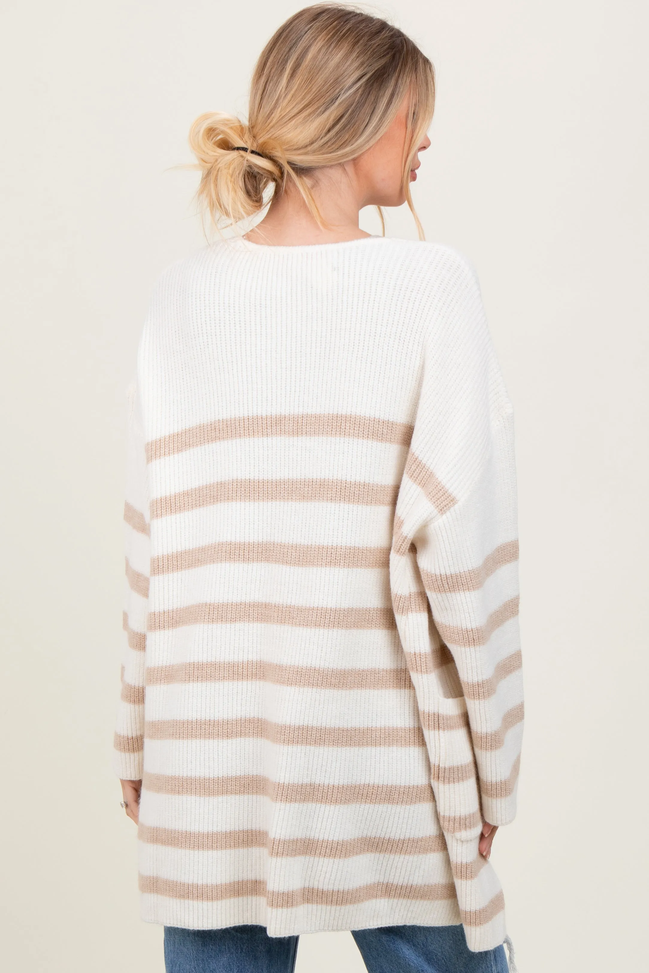 Ivory Beige Knit Striped Long Cardigan sold by Pinkblush product image thumbnail 4