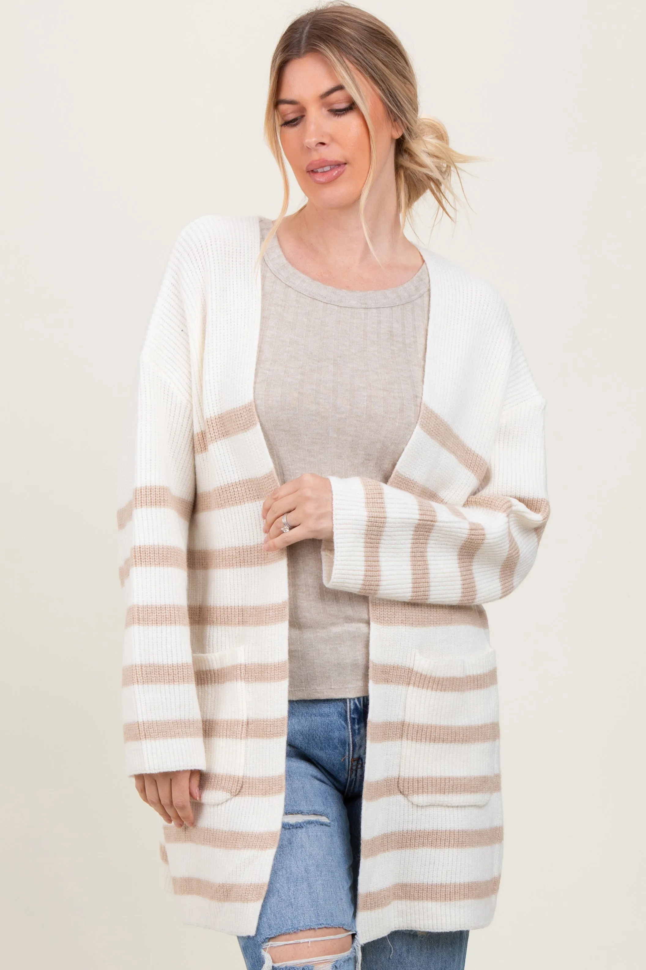 Ivory Beige Knit Striped Long Cardigan sold by Pinkblush