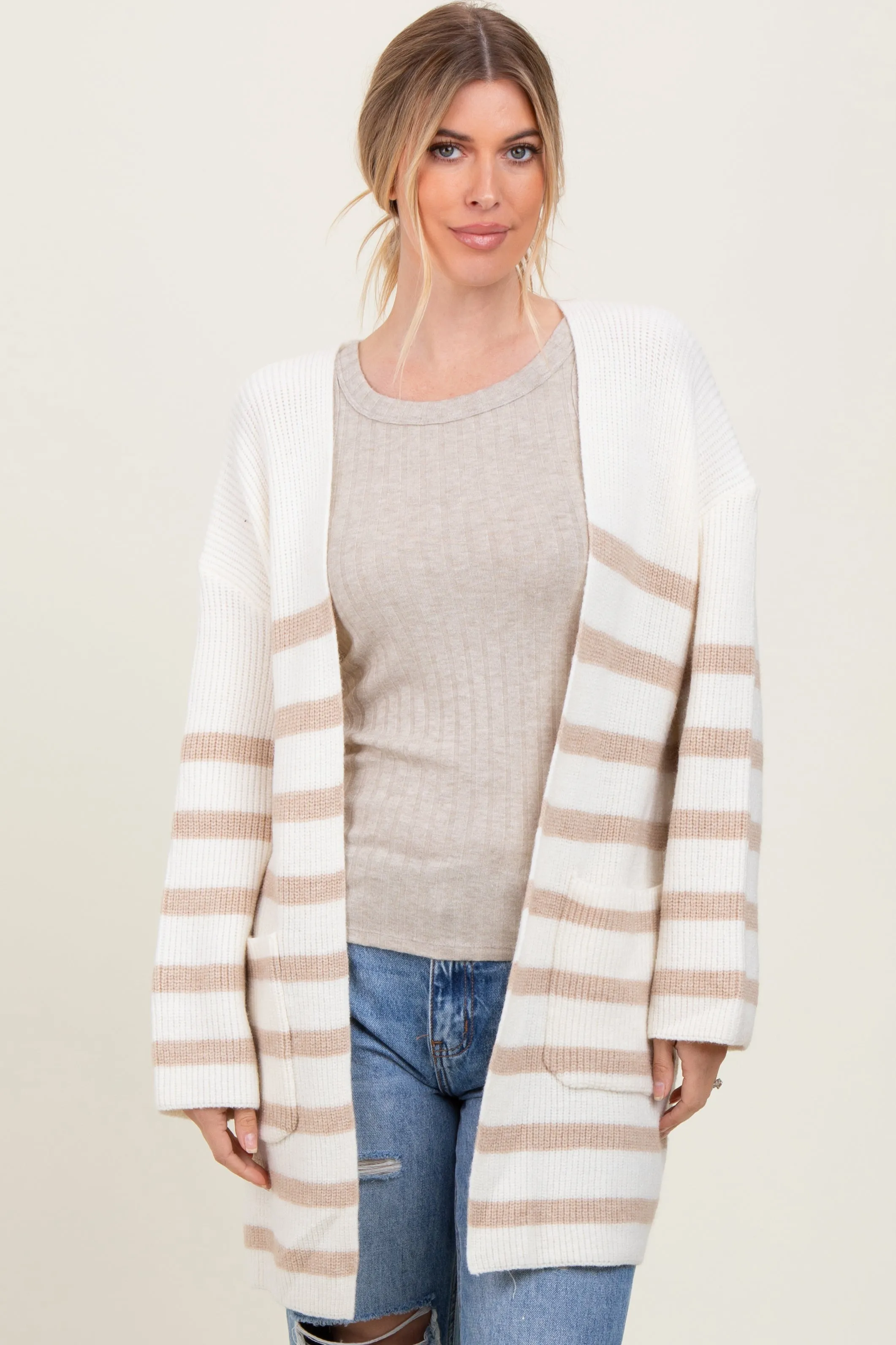Ivory Beige Knit Striped Long Cardigan sold by Pinkblush product image thumbnail 2