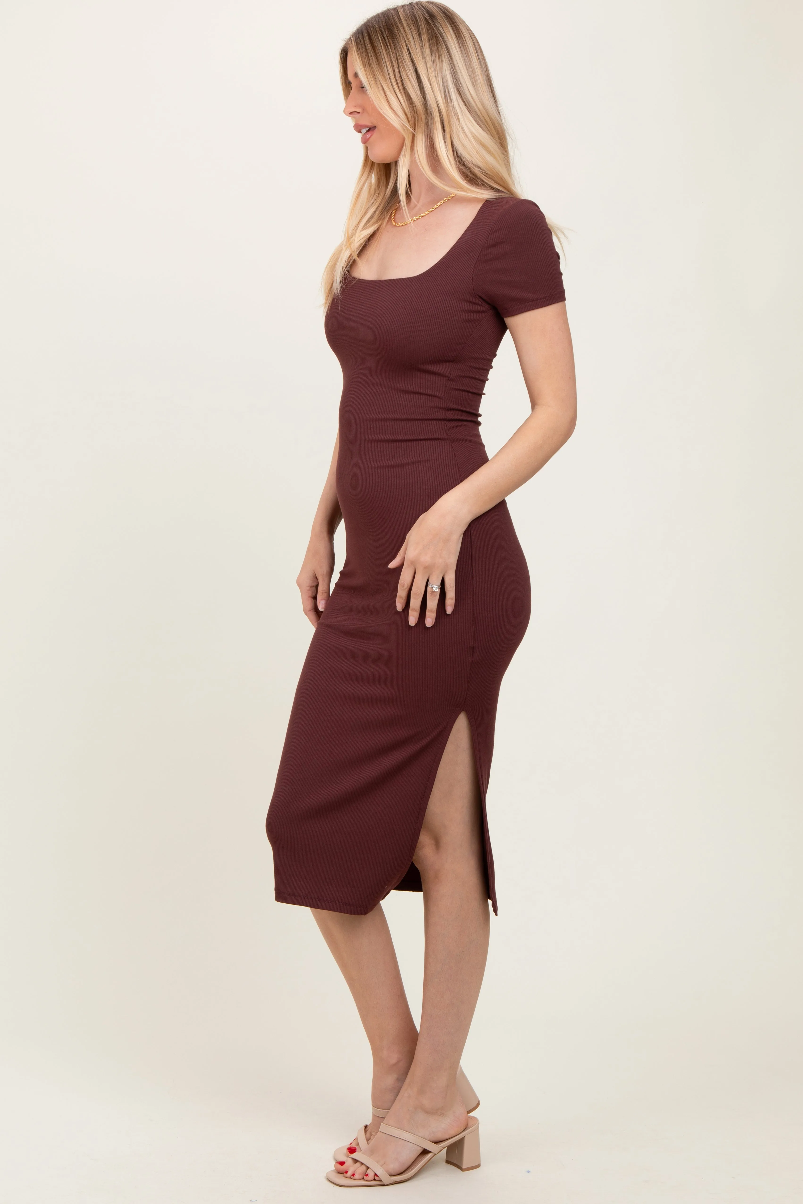 Burgundy Ribbed Short Sleeve Side Slit Midi Dress sold by Pinkblush product image thumbnail 3