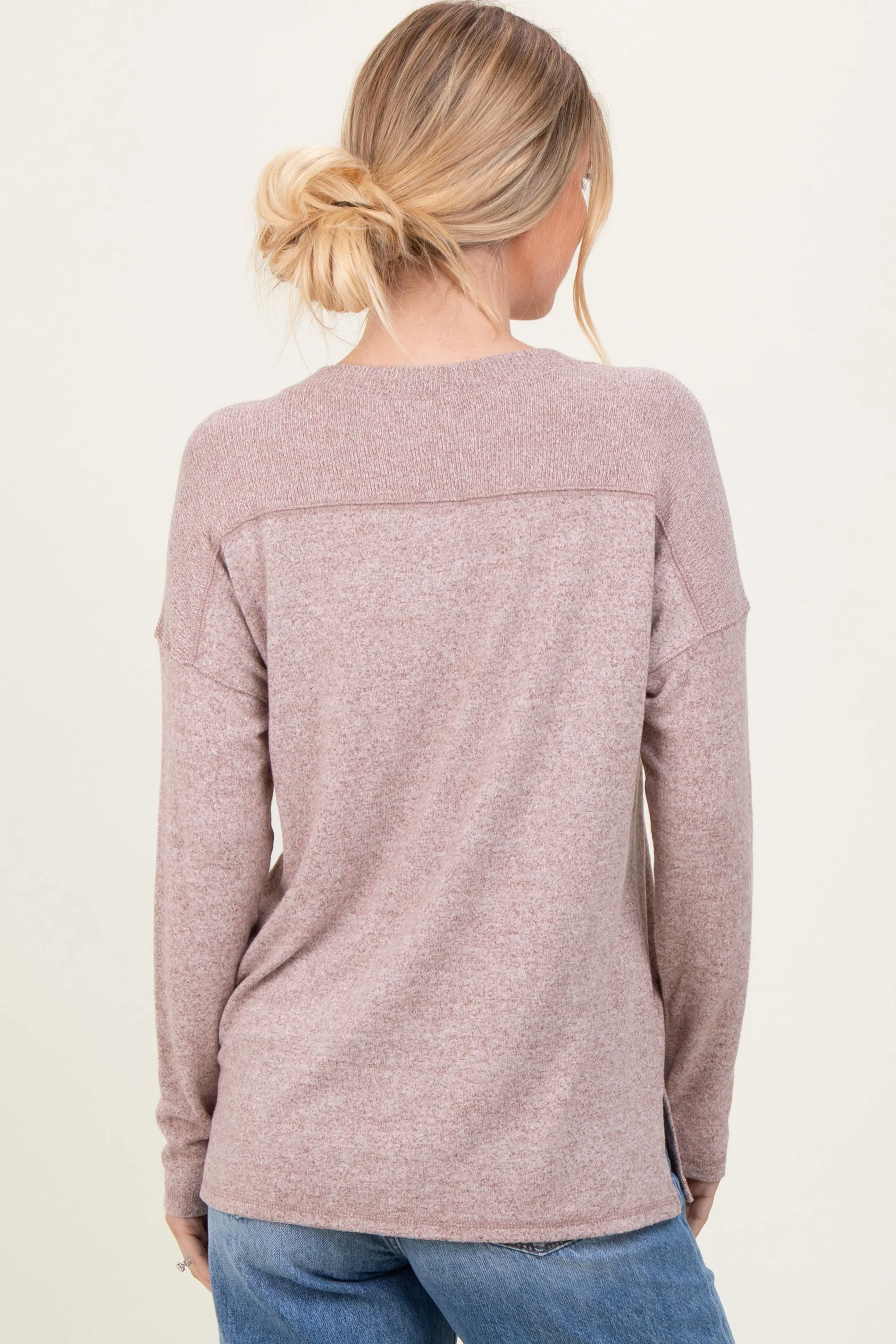 Beige Basic V-Neck Long Sleeve Brushed Knit Top sold by Pinkblush product image thumbnail 4