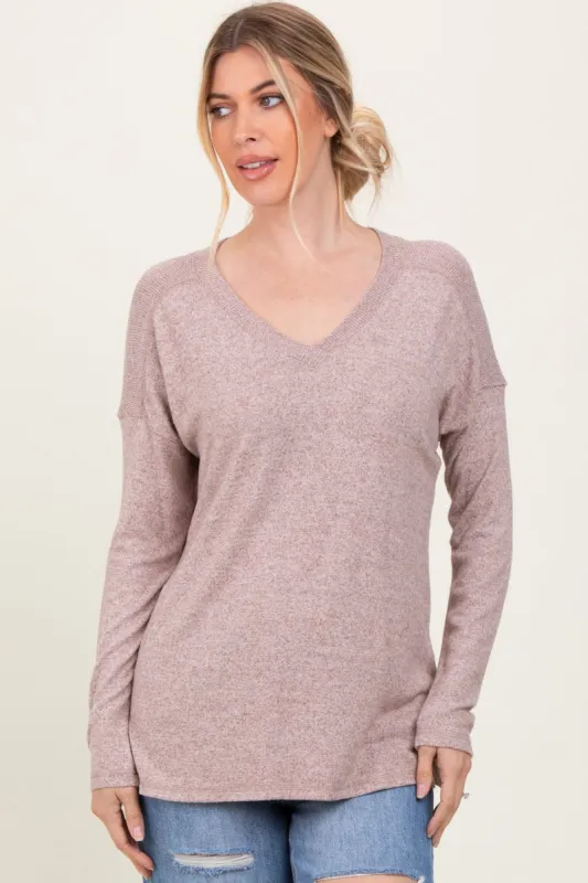 Beige Basic V-Neck Long Sleeve Brushed Knit Top sold by Pinkblush