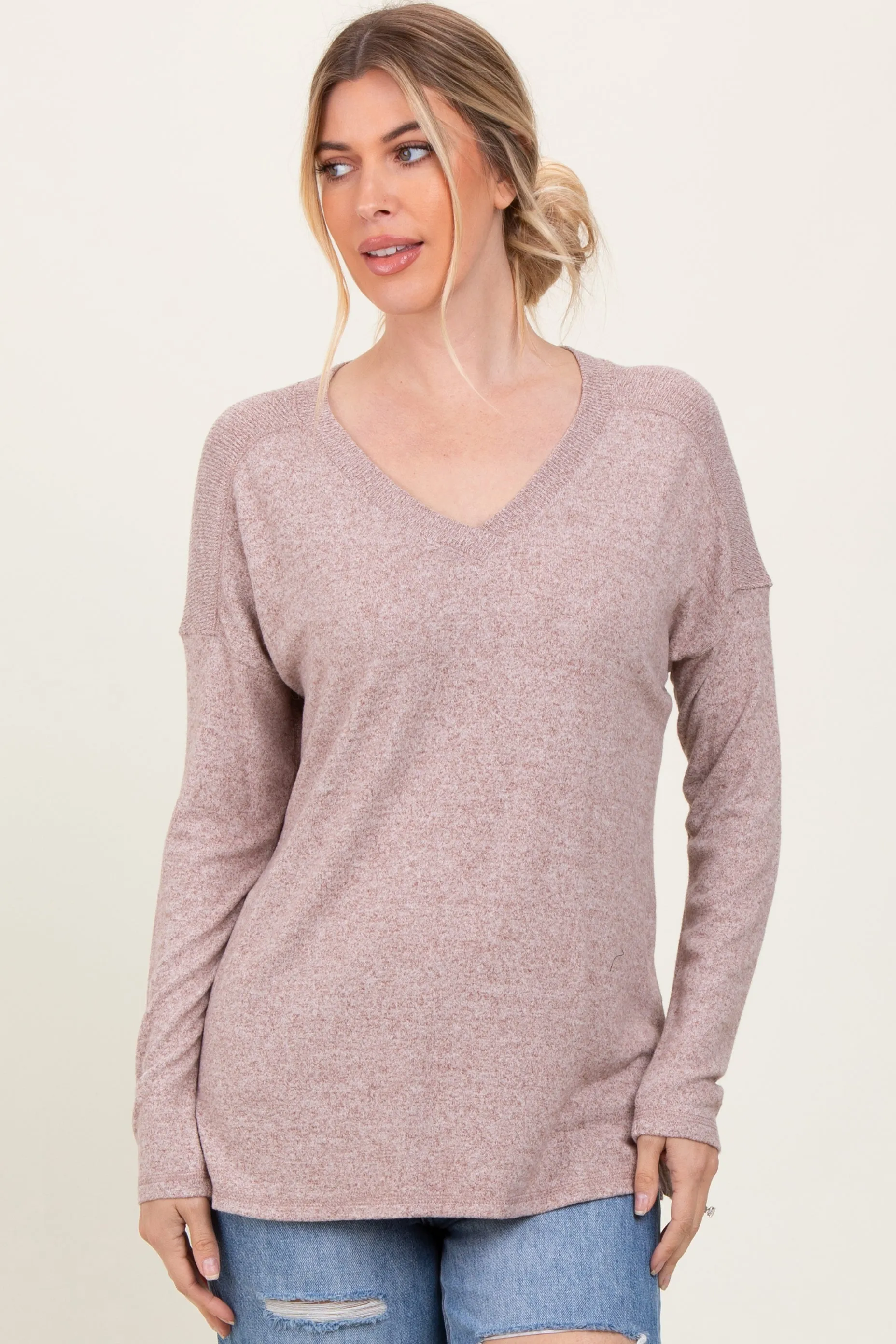 Beige Basic V-Neck Long Sleeve Brushed Knit Top sold by Pinkblush