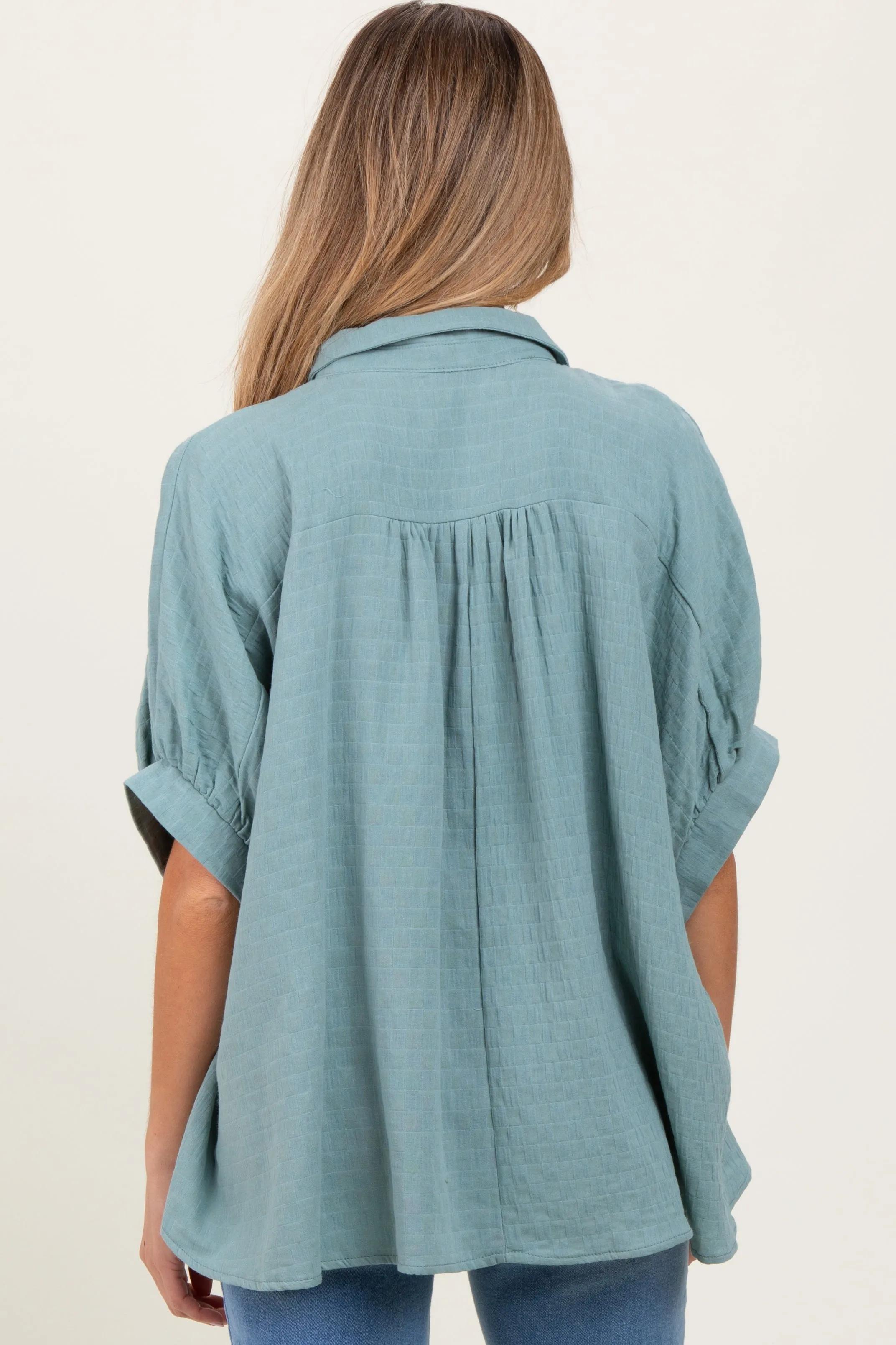 Light Olive Checker Print Short Sleeve Oversized Maternity Blouse sold by Pinkblush product image thumbnail 2