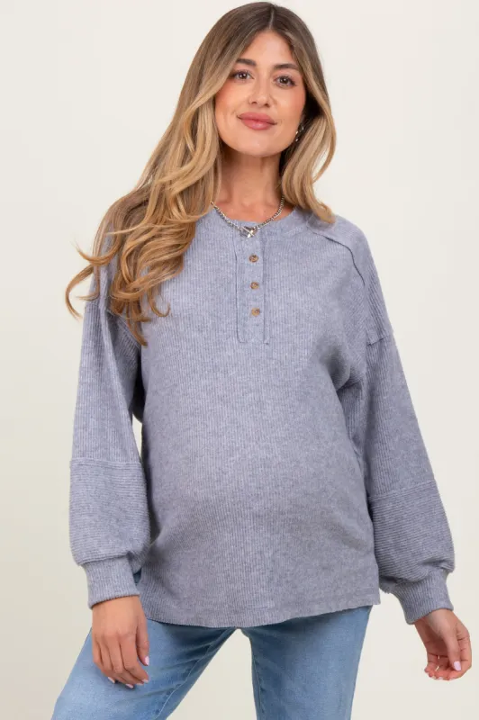 Heather Grey Oversized Ribbed Knit Henley Maternity Sweater sold by Pinkblush