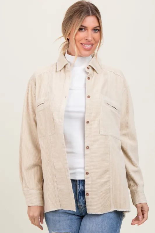 Beige Corduroy Fringe Hem Shirt Jacket sold by Pinkblush