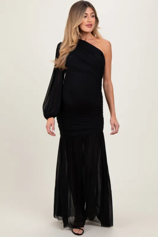 Black Ruched Mesh One Shoulder Asymmetric Maternity Maxi Dress sold by Pinkblush
