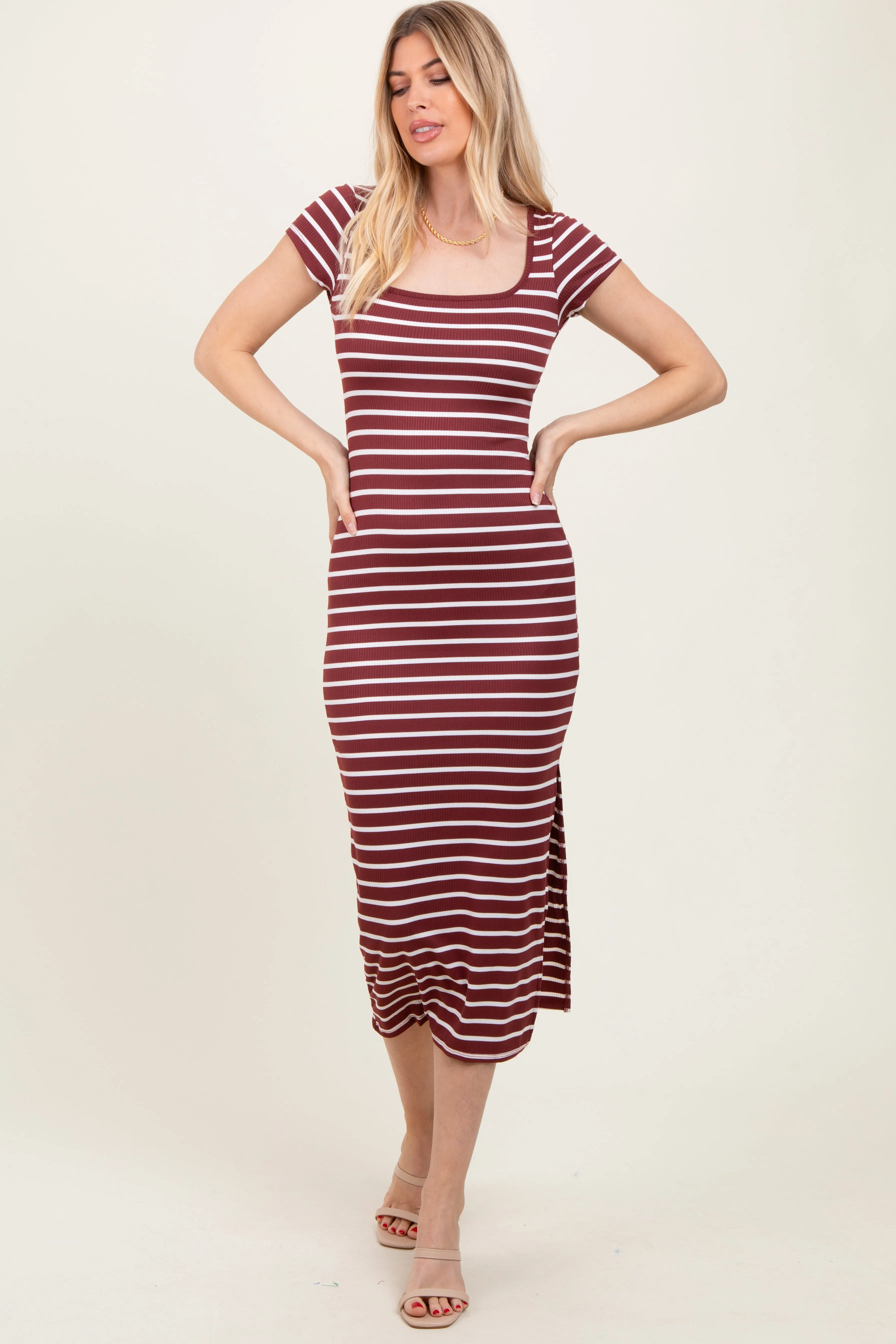 Burgundy Striped Short Sleeve Side Slit Maxi Dress sold by Pinkblush product image thumbnail 2