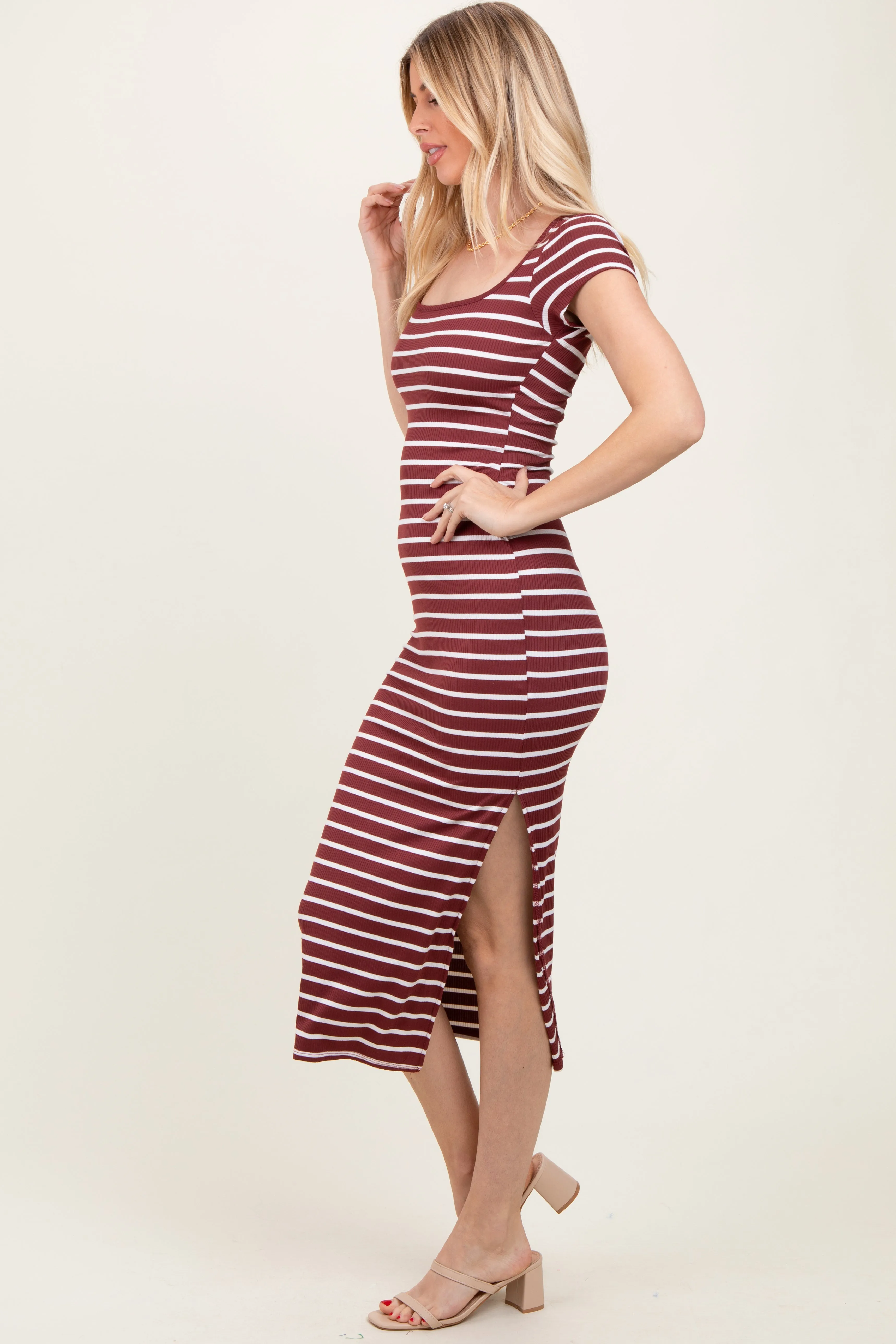 Burgundy Striped Short Sleeve Side Slit Maxi Dress sold by Pinkblush product image thumbnail 3