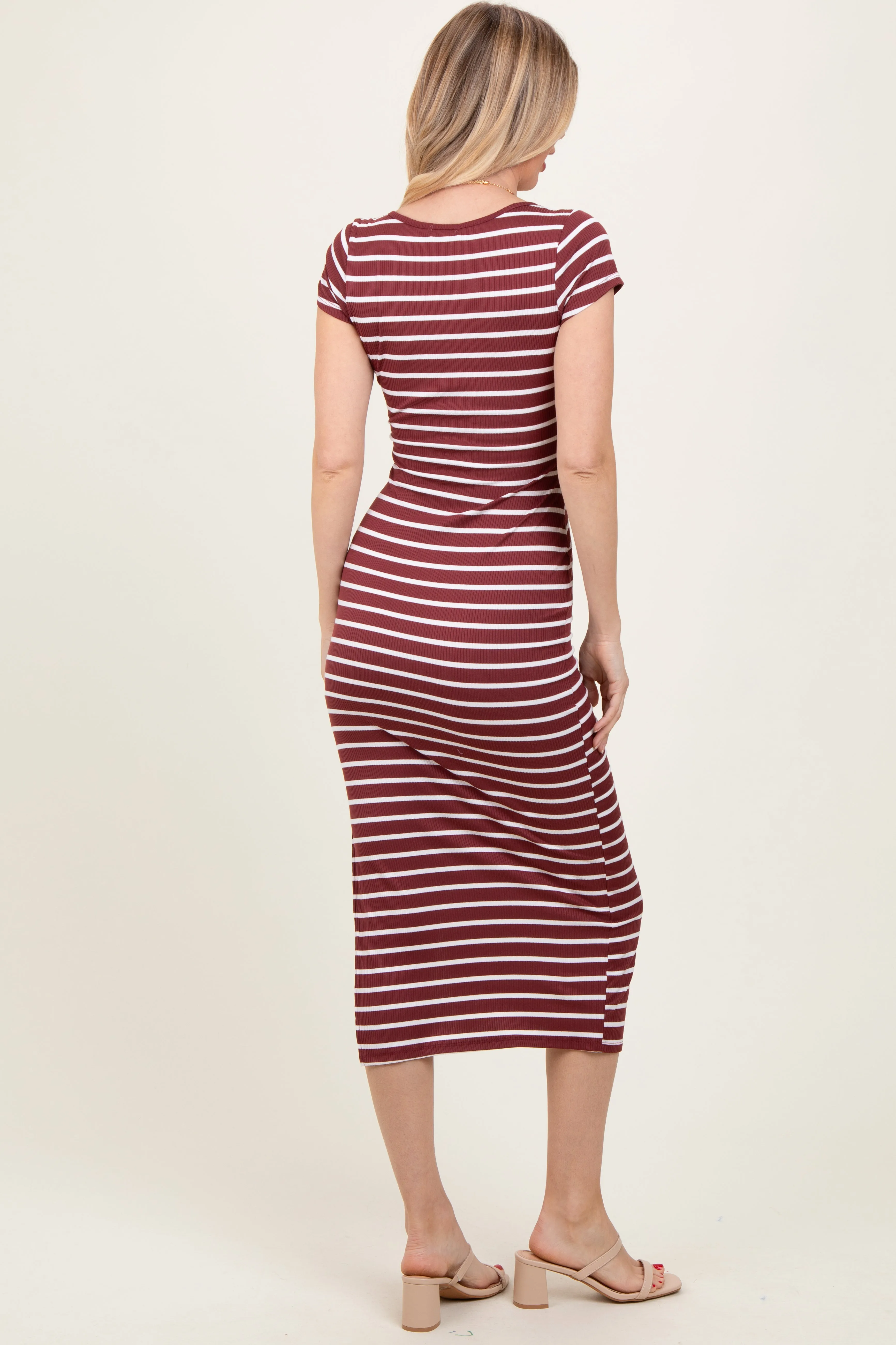 Burgundy Striped Short Sleeve Side Slit Maxi Dress sold by Pinkblush product image thumbnail 4