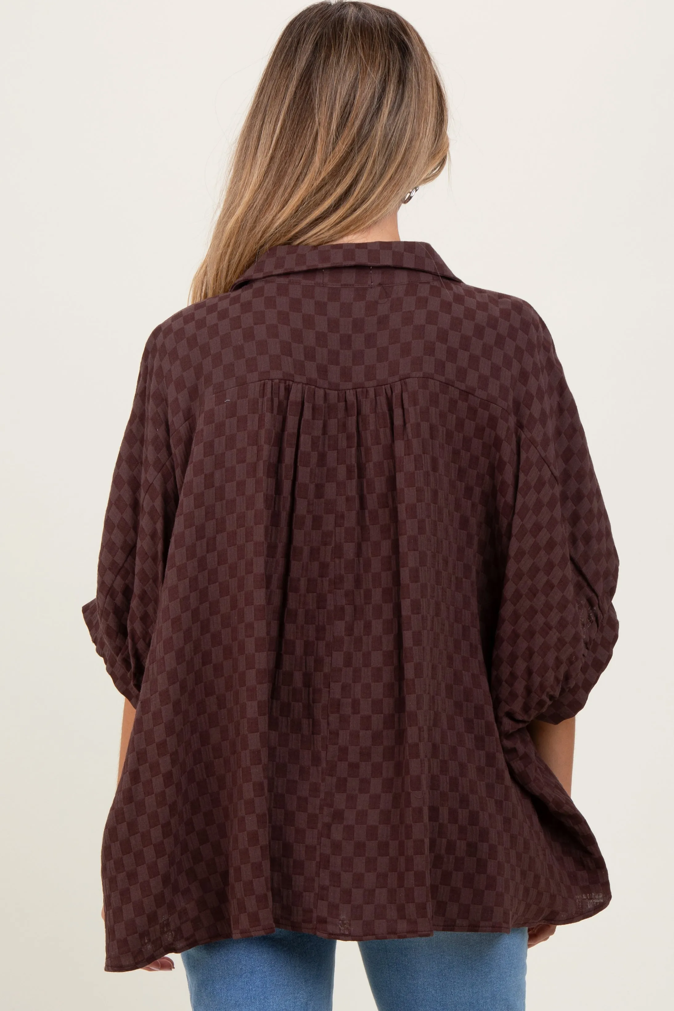 Brown Checker Print Short Sleeve Oversized Maternity Blouse sold by Pinkblush product image thumbnail 2