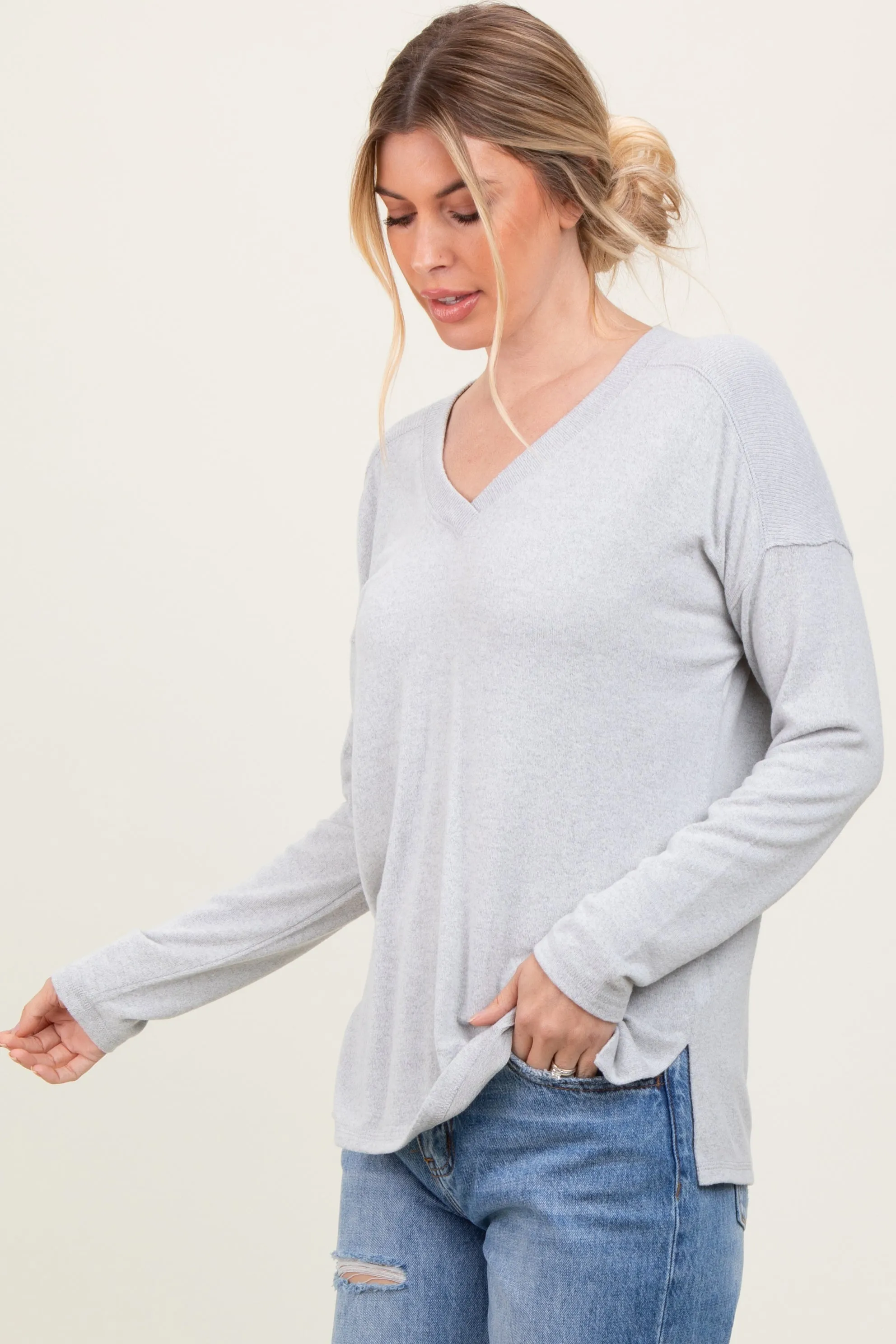 Heather Grey Basic V-Neck Long Sleeve Brushed Knit Top sold by Pinkblush product image thumbnail 3