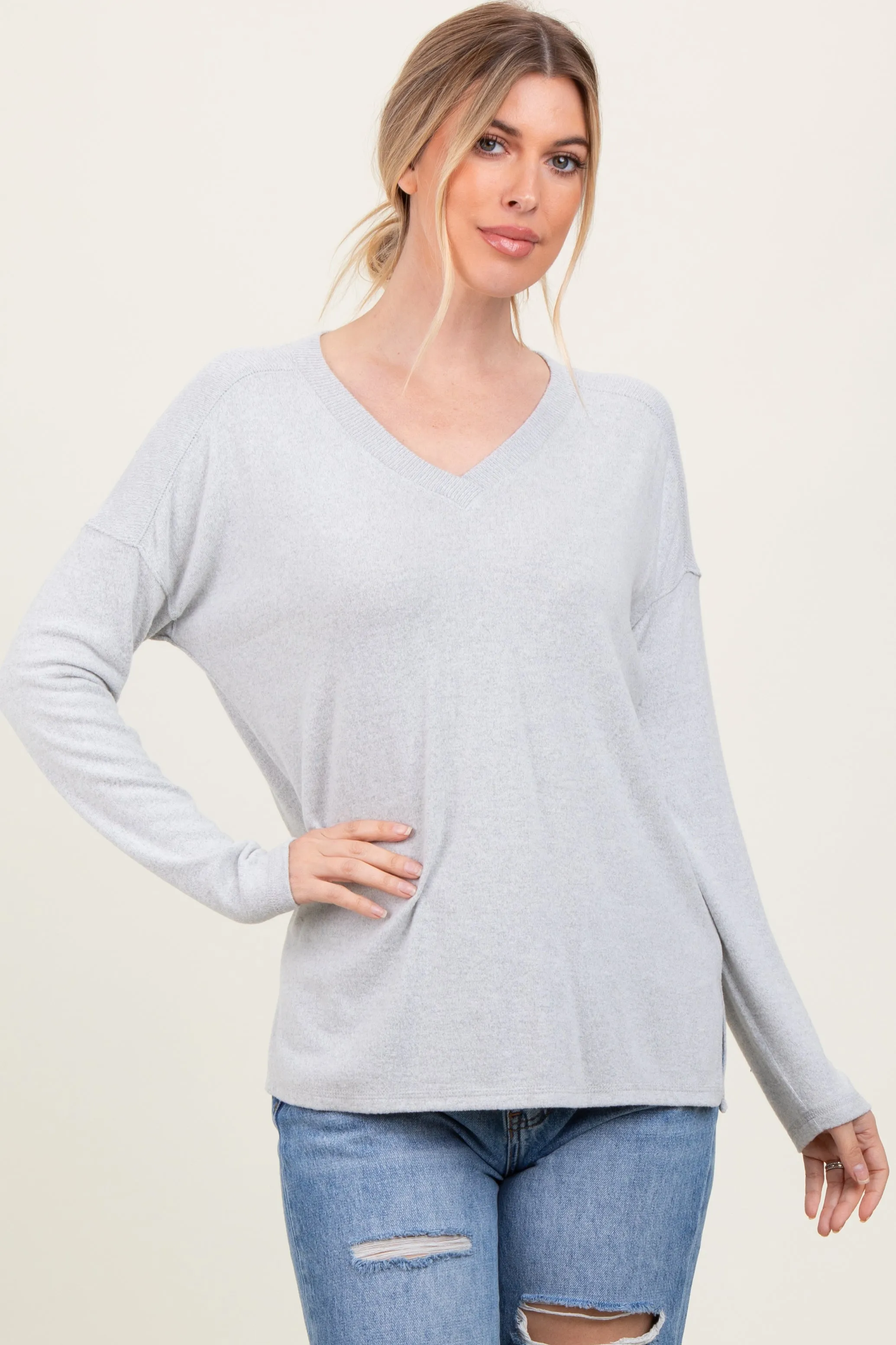 Heather Grey Basic V-Neck Long Sleeve Brushed Knit Top sold by Pinkblush