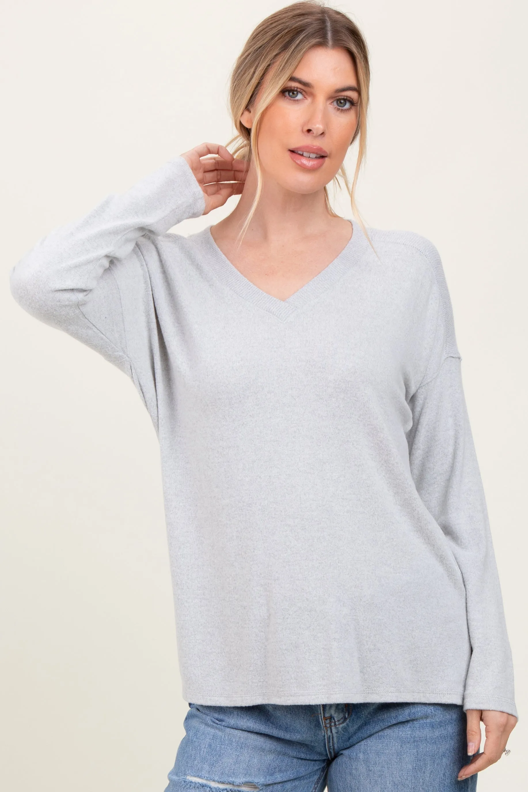 Heather Grey Basic V-Neck Long Sleeve Brushed Knit Top sold by Pinkblush product image thumbnail 2