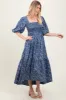 Blue Floral Smocked Hi-Low Puff Sleeve Maxi Dress sold by Pinkblush