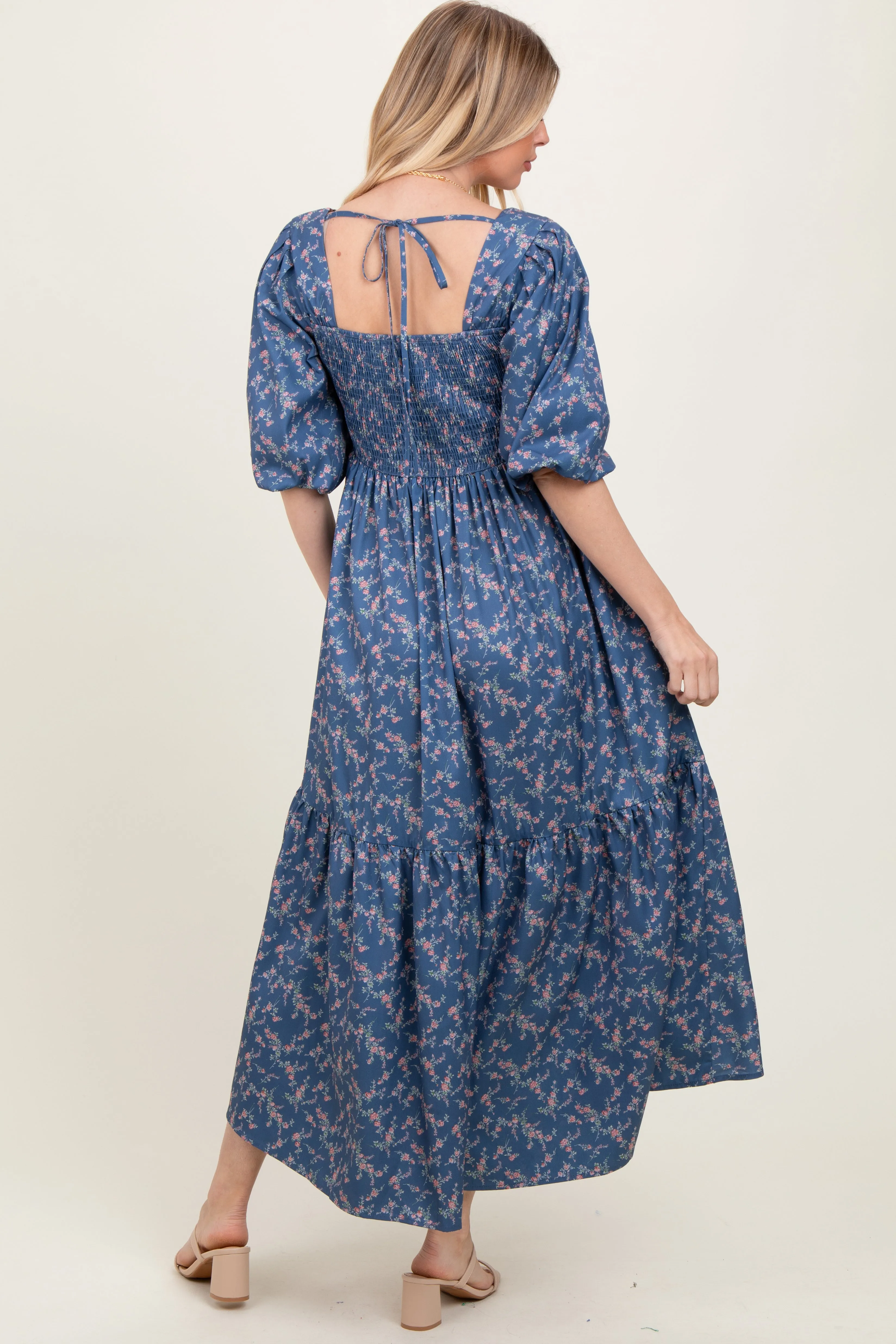 Blue Floral Smocked Hi-Low Puff Sleeve Maxi Dress sold by Pinkblush product image thumbnail 4