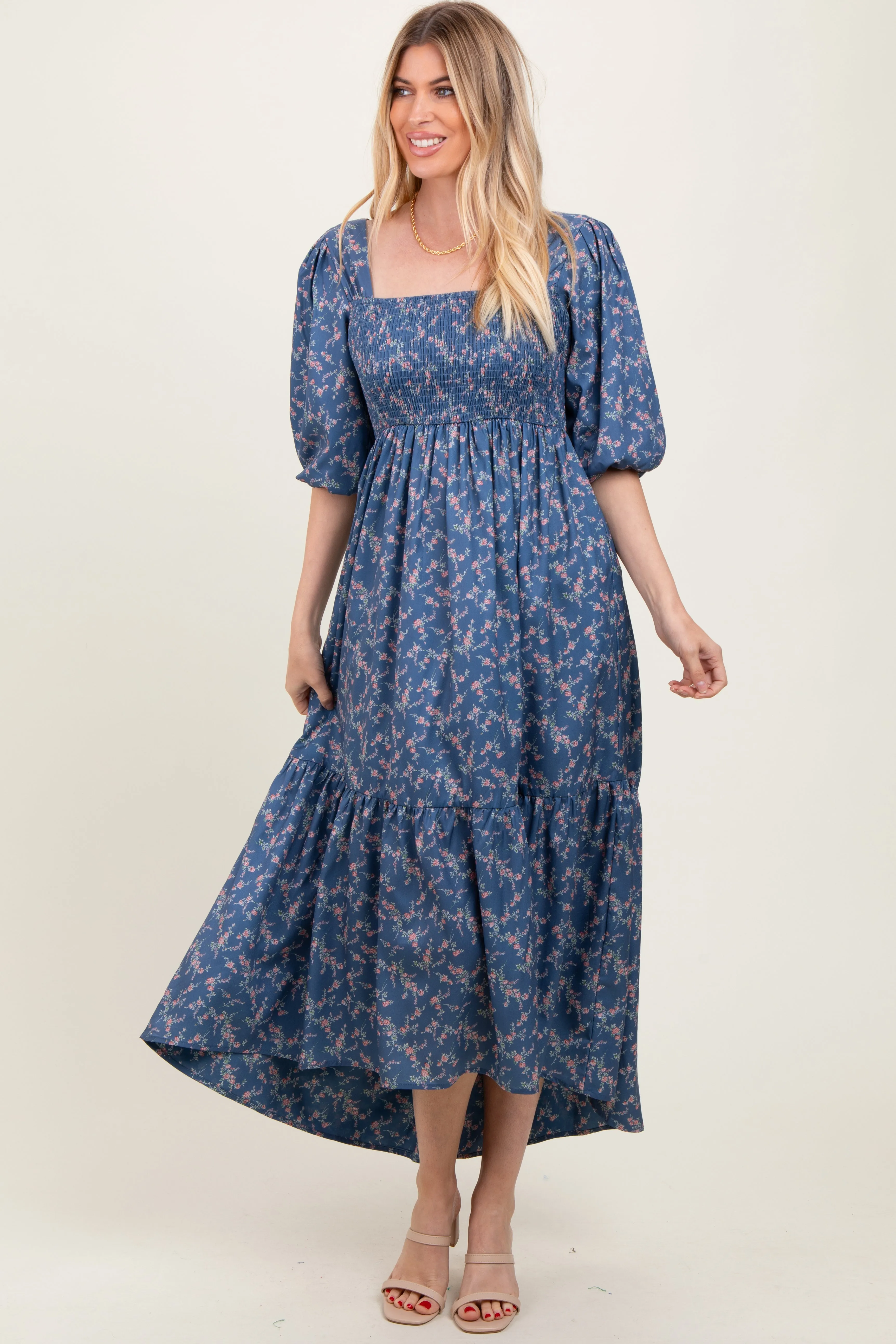 Blue Floral Smocked Hi-Low Puff Sleeve Maxi Dress sold by Pinkblush