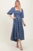 Blue Floral Smocked Hi-Low Puff Sleeve Maxi Dress sold by Pinkblush