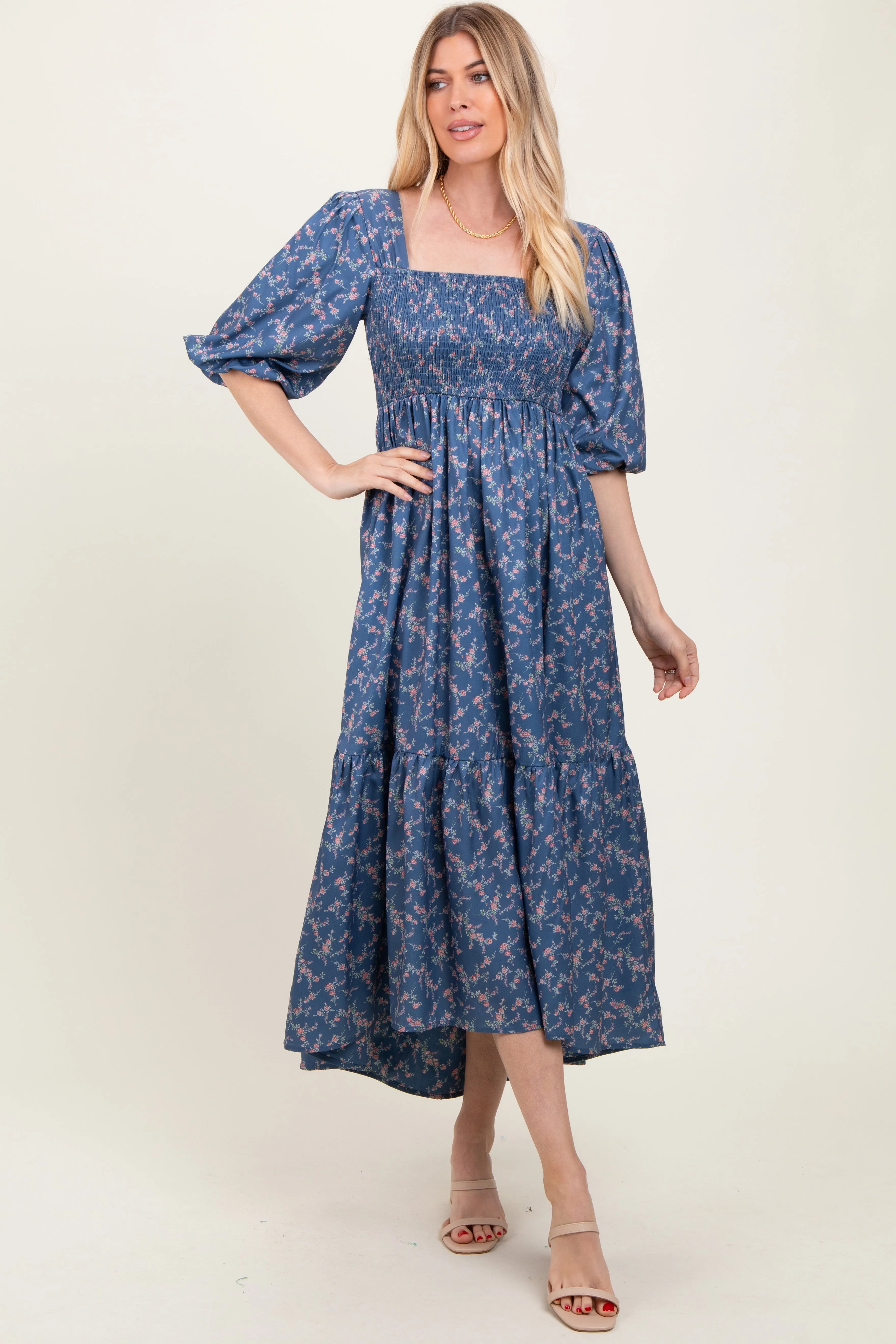 Blue Floral Smocked Hi-Low Puff Sleeve Maxi Dress sold by Pinkblush product image thumbnail 2