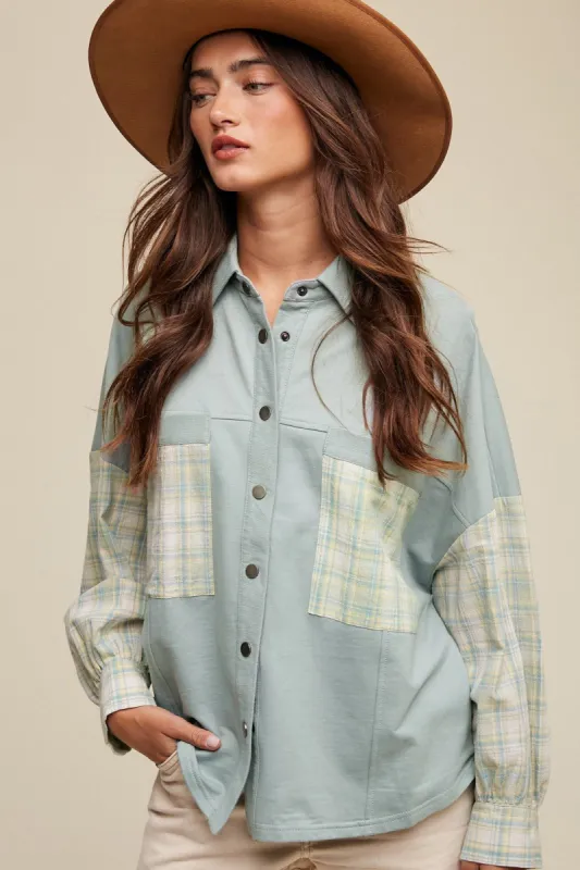 Sage Plaid French Terry Shacket sold by Pinkblush