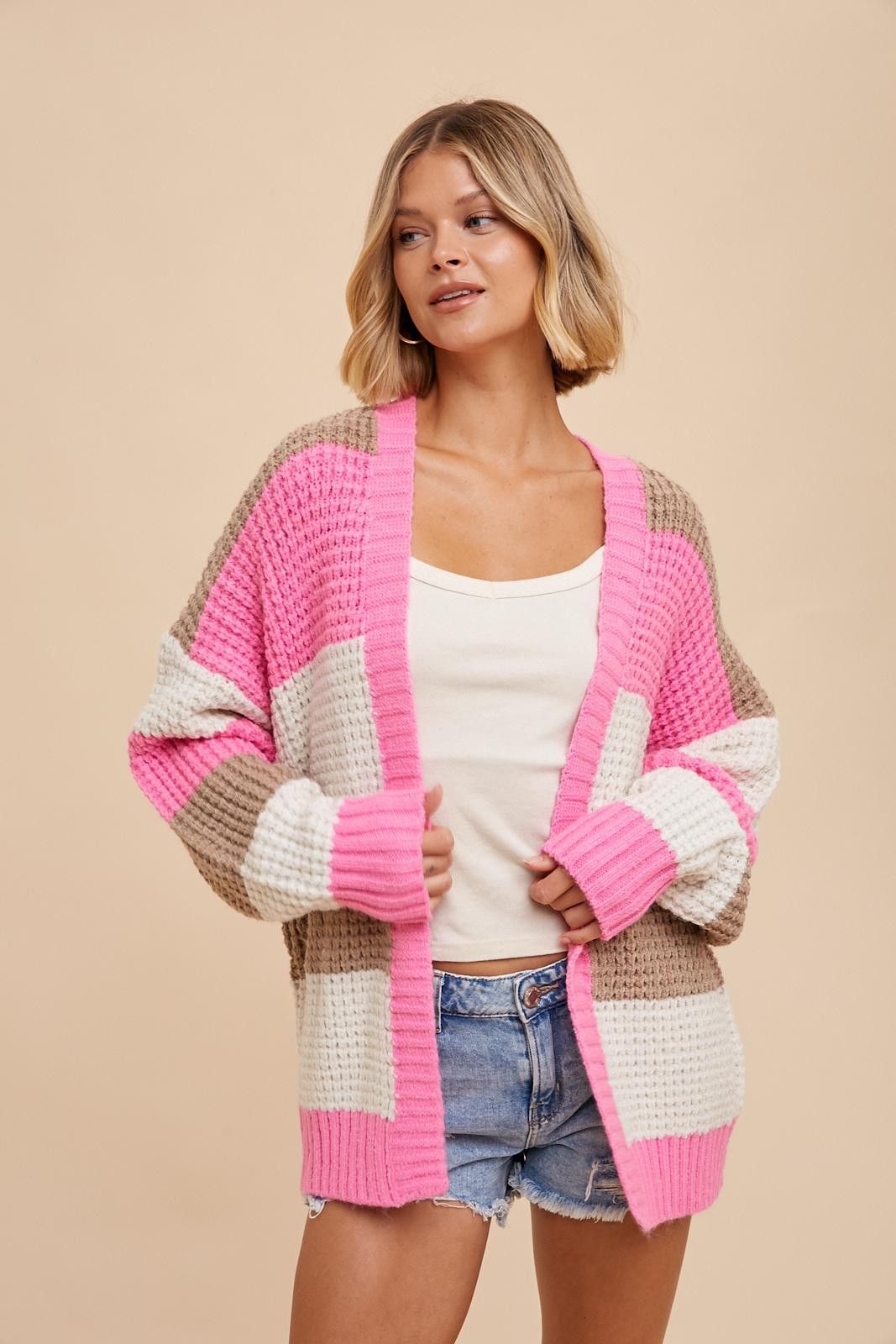 Pink Colorblock Chunky Cardigan sold by Pinkblush