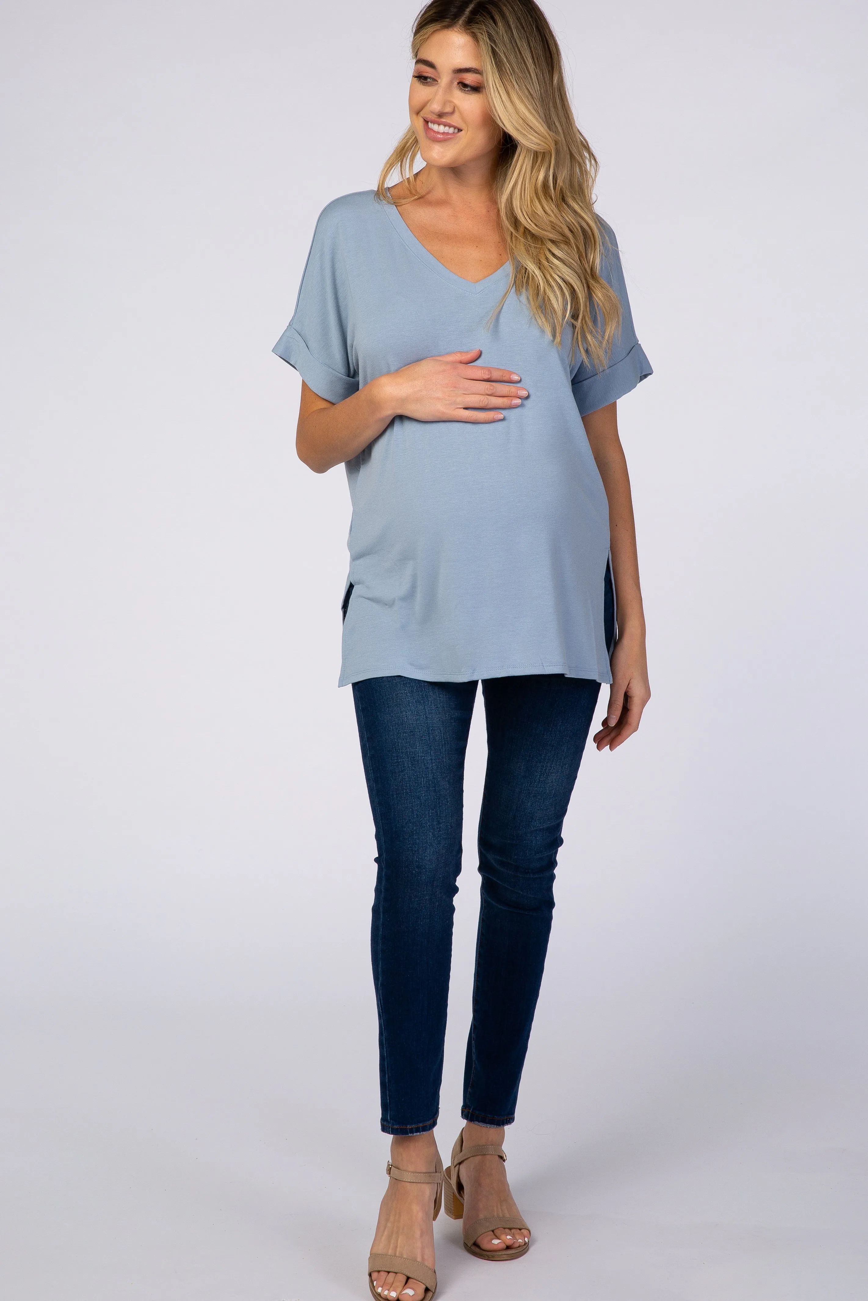 Light Blue V-Neck Cuffed Short Sleeve Maternity Top sold by Pinkblush product image thumbnail 4