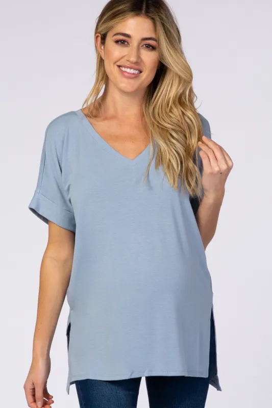 Light Blue V-Neck Cuffed Short Sleeve Maternity Top sold by Pinkblush