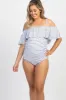 PinkBlush White Striped Ruffle Trim Ruched One-Piece Maternity Swimsuit sold by Pinkblush