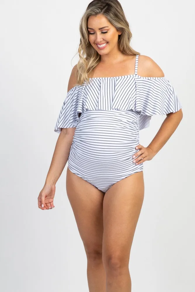PinkBlush White Striped Ruffle Trim Ruched One-Piece Maternity Swimsuit sold by Pinkblush product image thumbnail 2