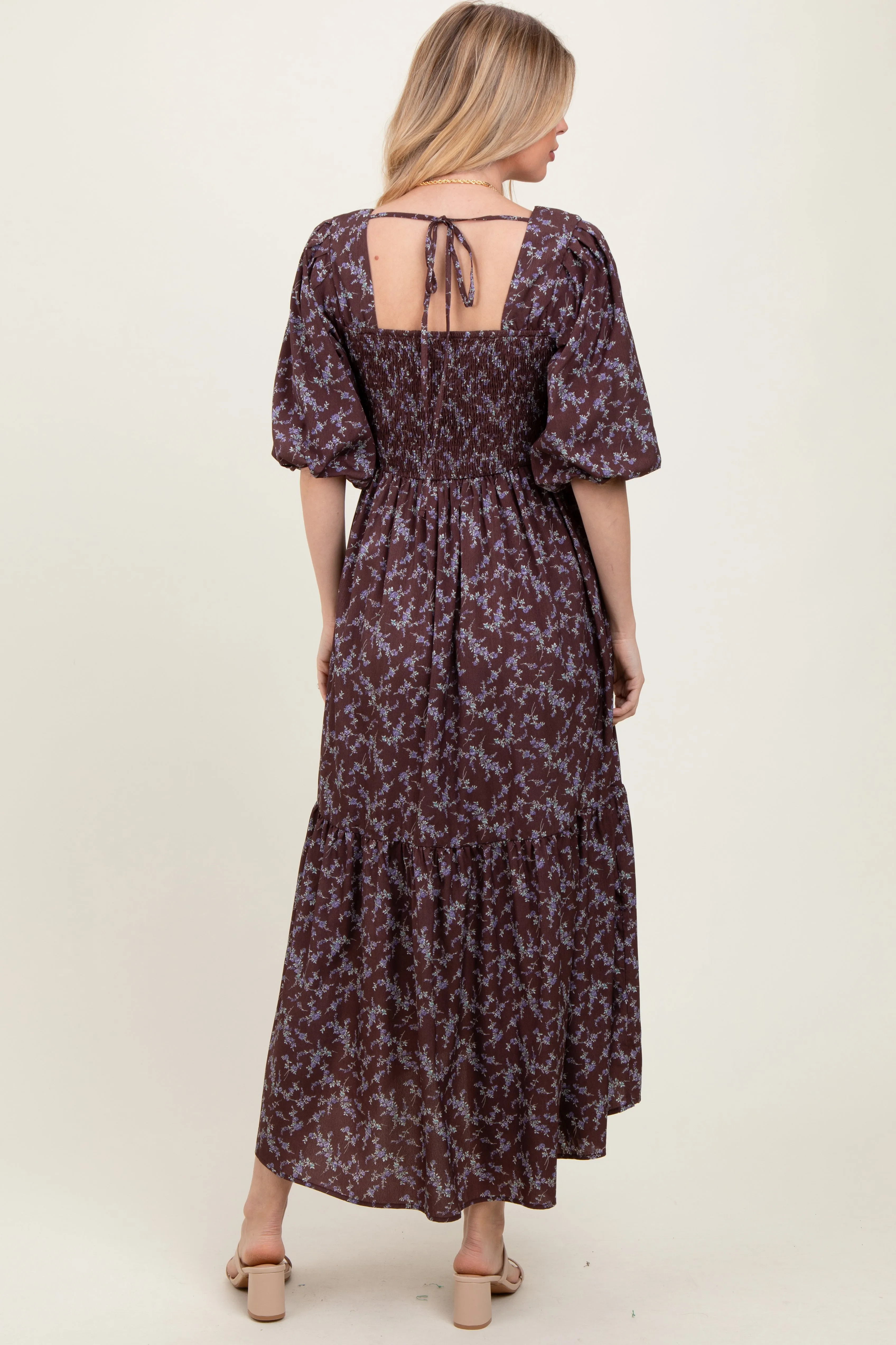 Plum Floral Smocked Hi-Low Puff Sleeve Maxi Dress sold by Pinkblush product image thumbnail 4