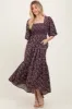 Plum Floral Smocked Hi-Low Puff Sleeve Maxi Dress sold by Pinkblush