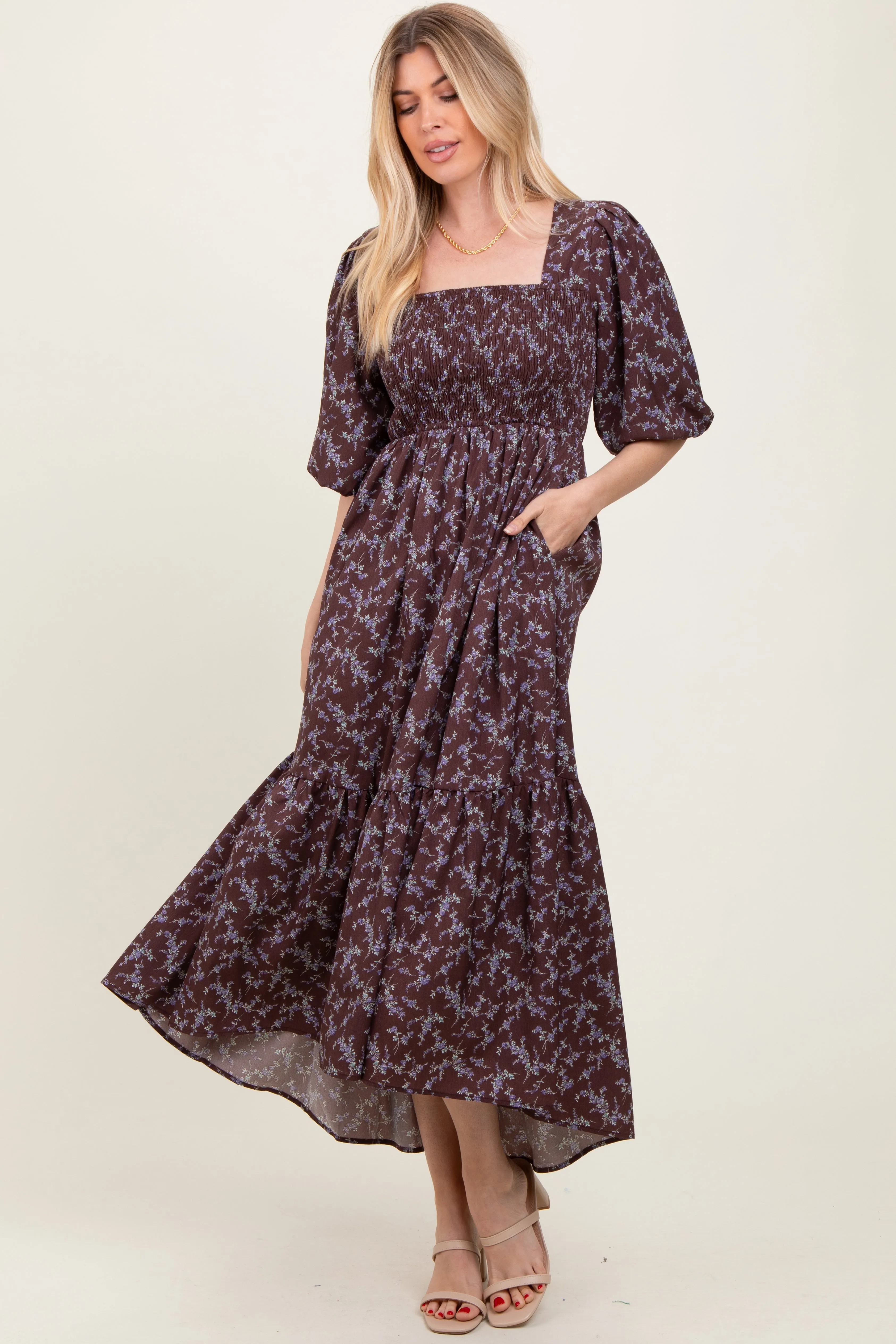 Plum Floral Smocked Hi-Low Puff Sleeve Maxi Dress sold by Pinkblush