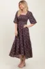 Plum Floral Smocked Hi-Low Puff Sleeve Maxi Dress sold by Pinkblush