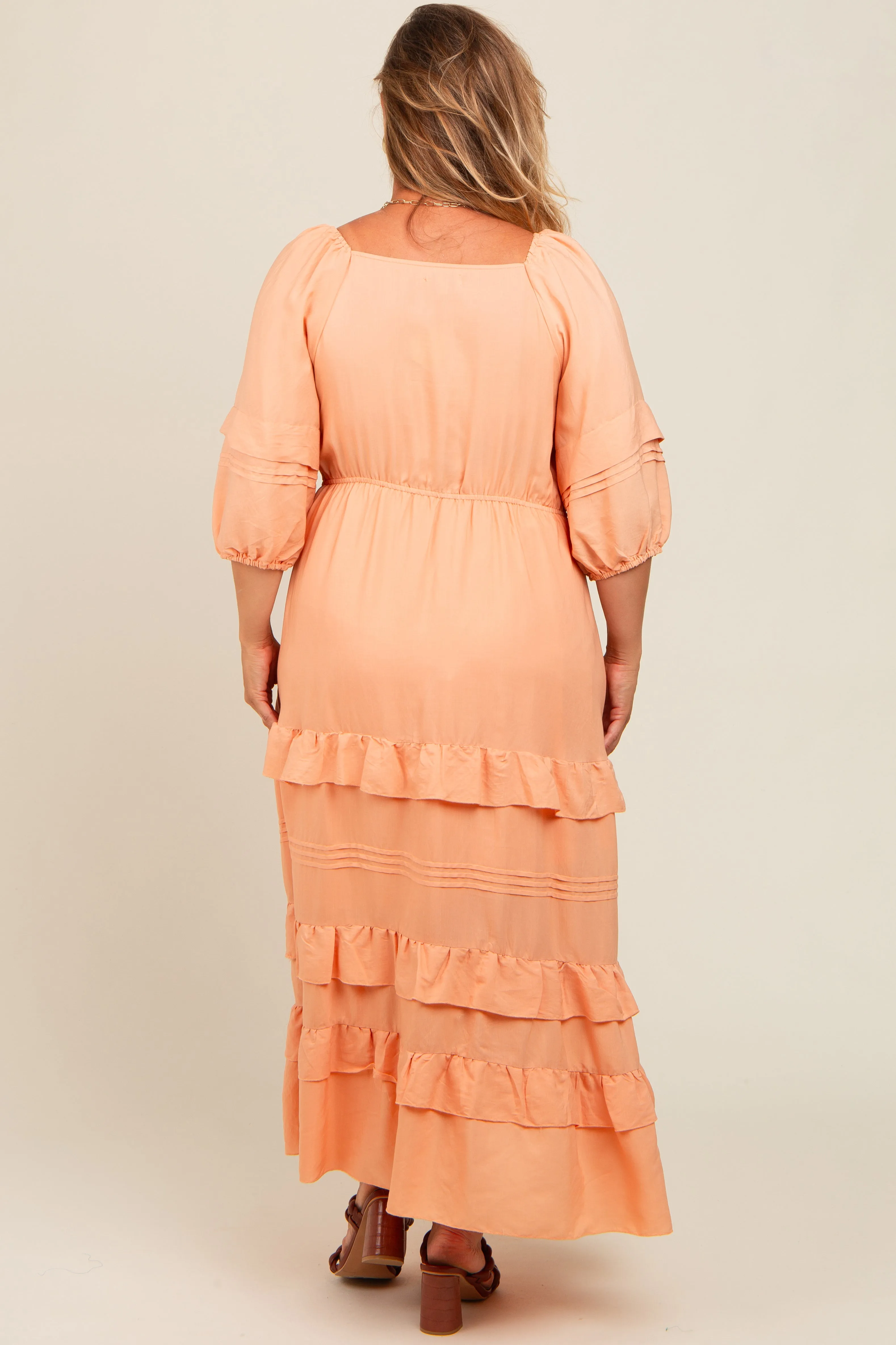 Peach Square Neck Ruffle Tiered Maternity Plus Maxi Dress sold by Pinkblush product image thumbnail 3