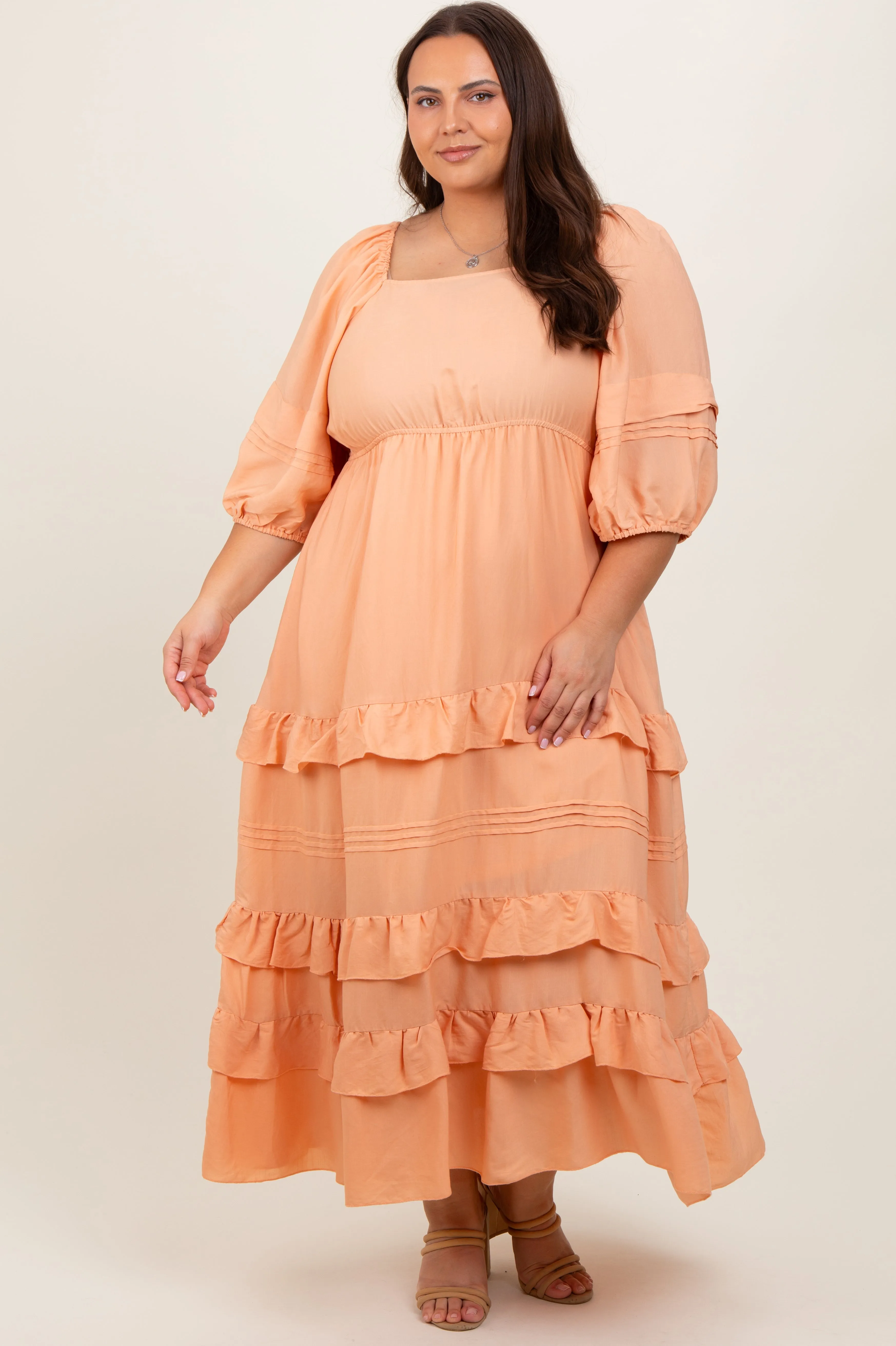 Peach Square Neck Ruffle Tiered Maternity Plus Maxi Dress sold by Pinkblush product image thumbnail 4