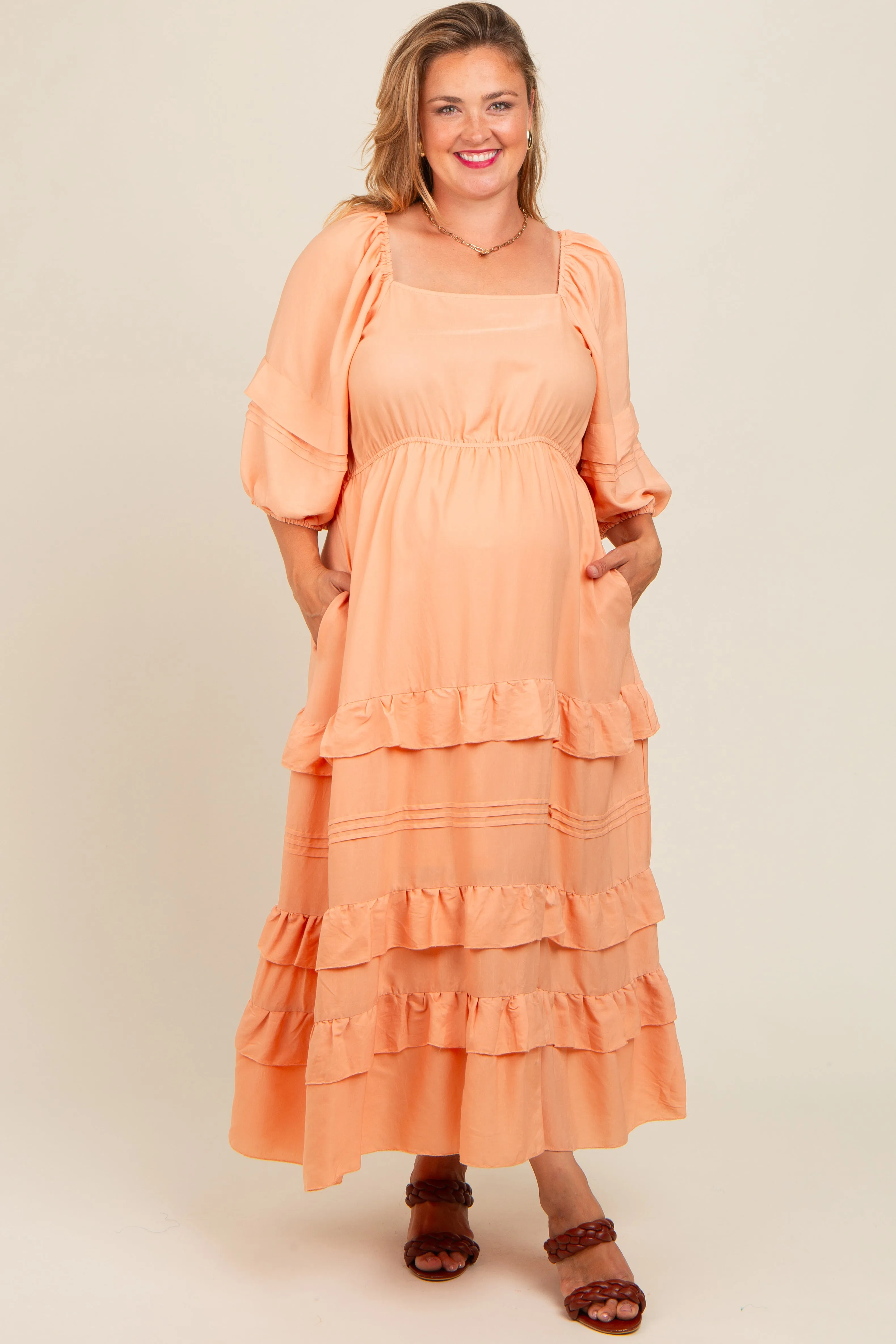 Peach Square Neck Ruffle Tiered Maternity Plus Maxi Dress sold by Pinkblush
