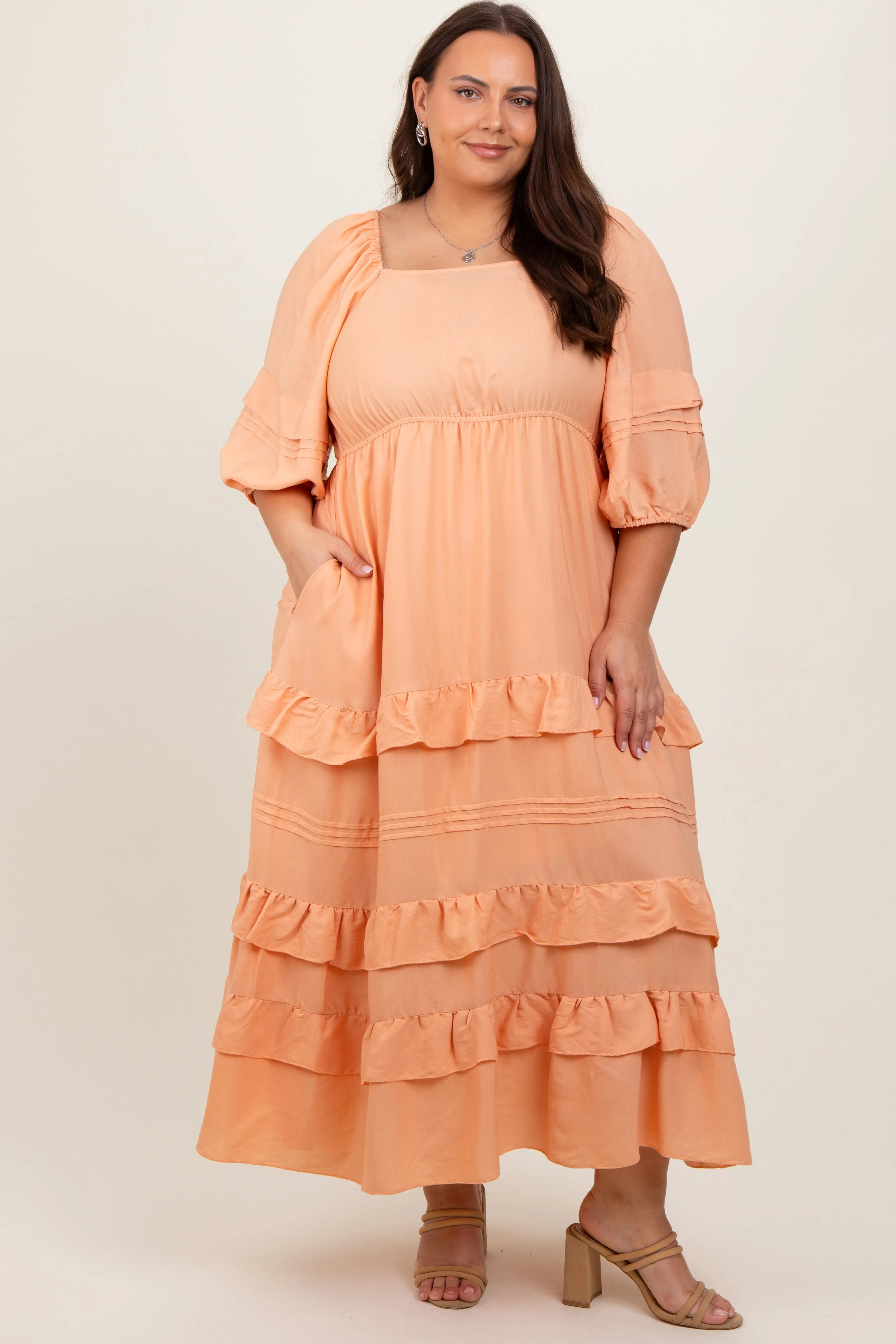 Peach Square Neck Ruffle Tiered Plus Maxi Dress sold by Pinkblush product image thumbnail 2