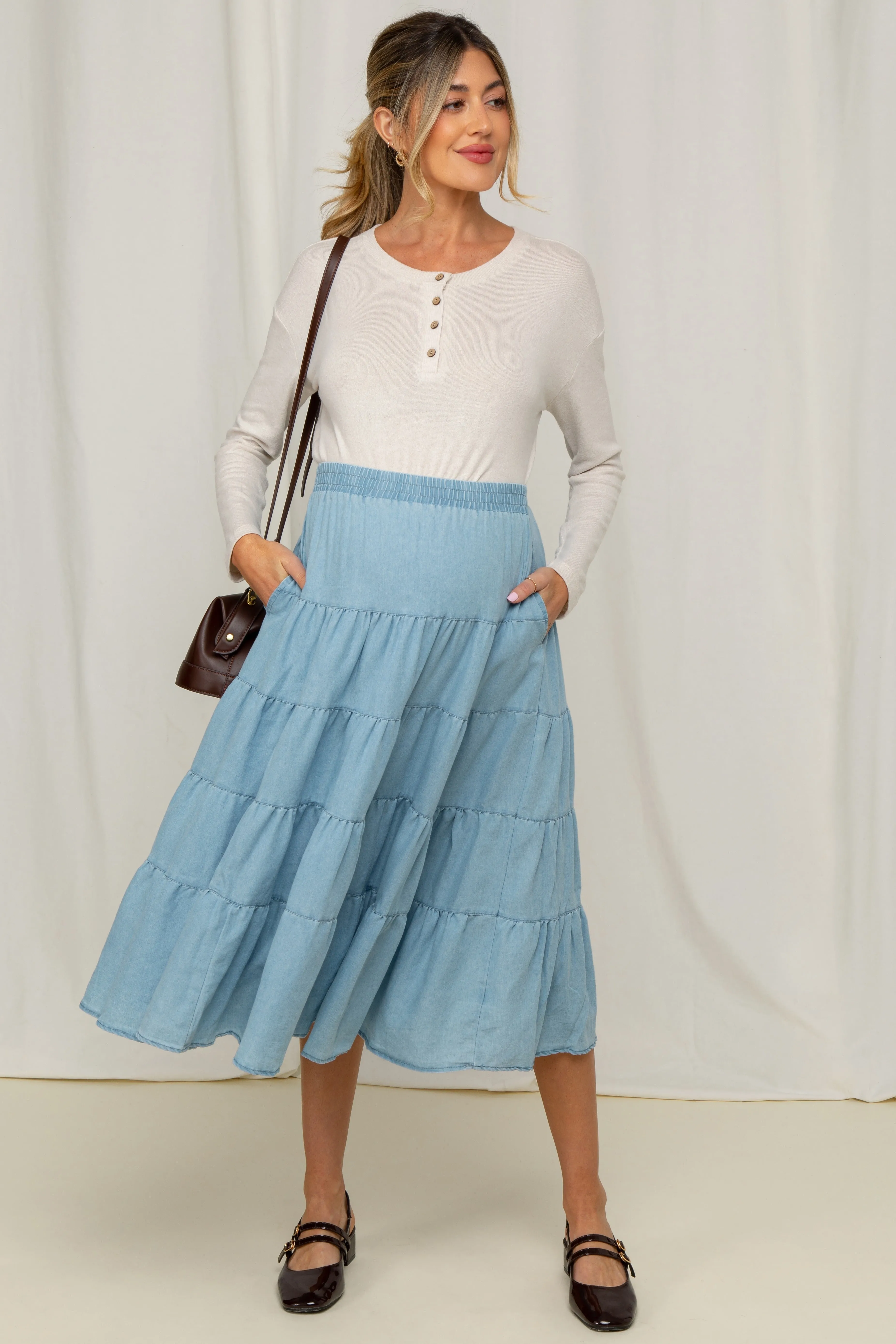 Light Blue Tiered Elastic Maternity Midi Skirt sold by Pinkblush
