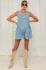 Light Blue Deep V-Neck Pleated Front Tie Sleeveless Maternity Romper sold by Pinkblush