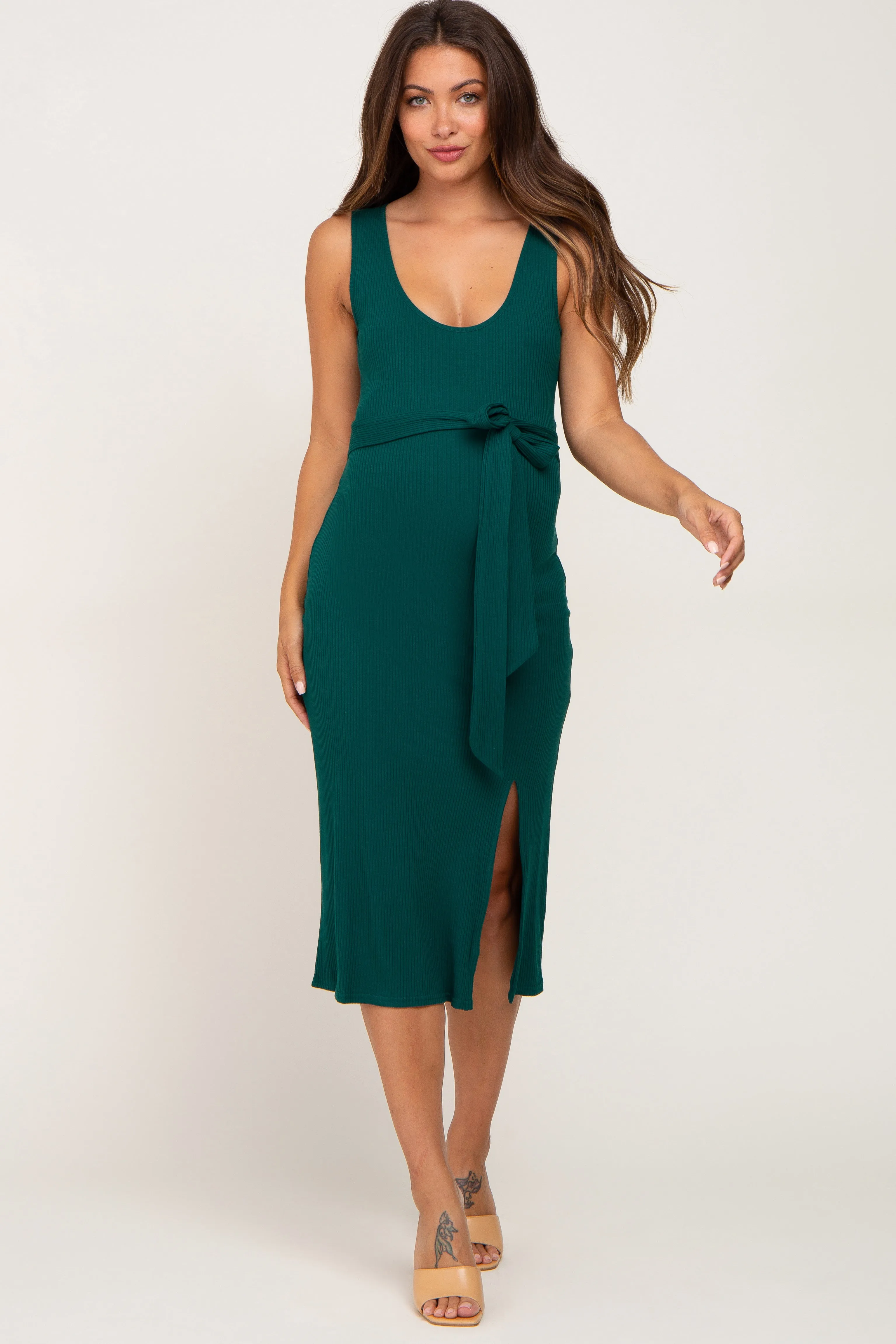 Forest Green Ribbed Back Cutout Maternity Midi Dress sold by Pinkblush